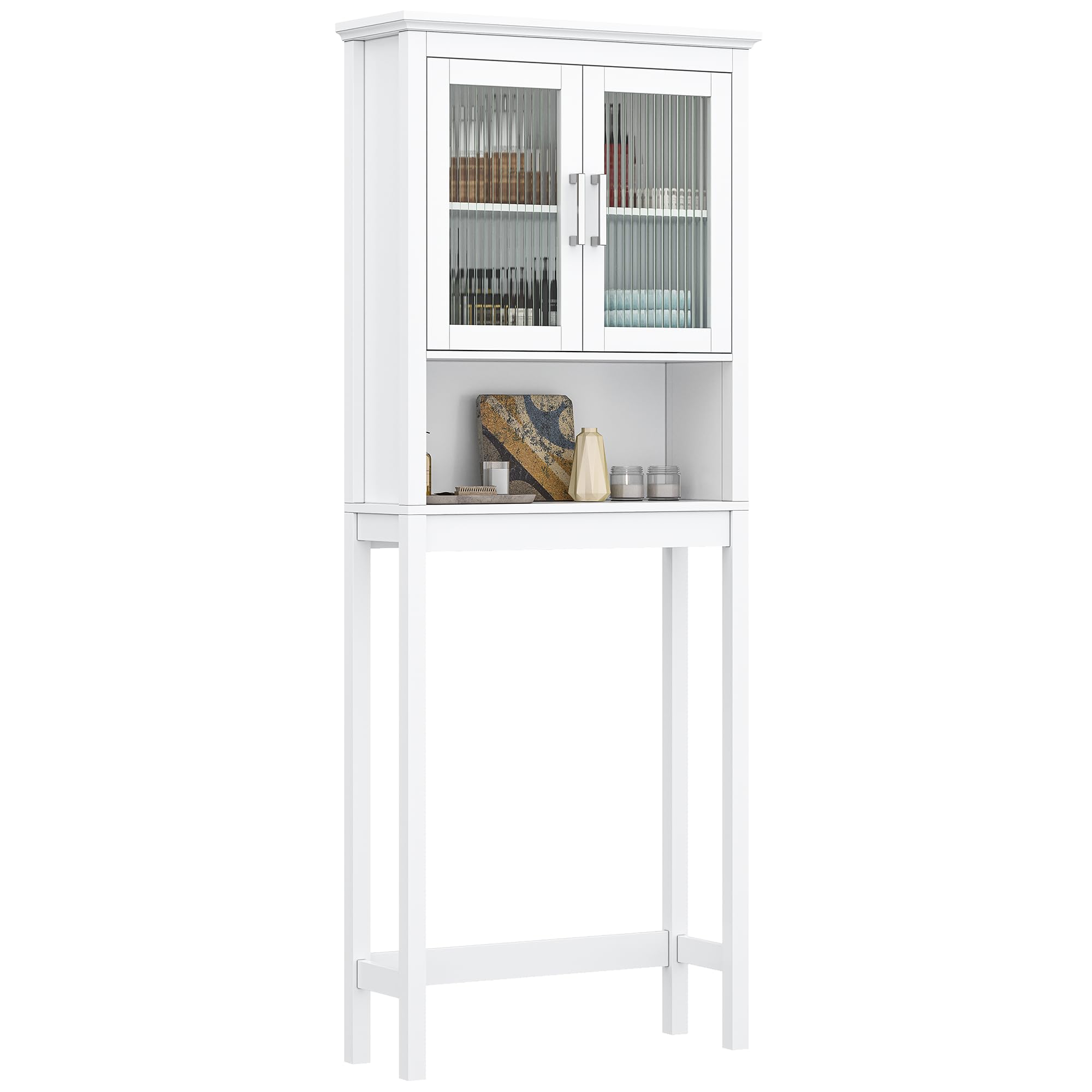 Over The Toilet Storage Cabinet with Tempered Glass Doors - White Bathroom Organizer for Towels, Toiletries & Linens | Space-Saving Bathroom Storage Solution for Small Spaces