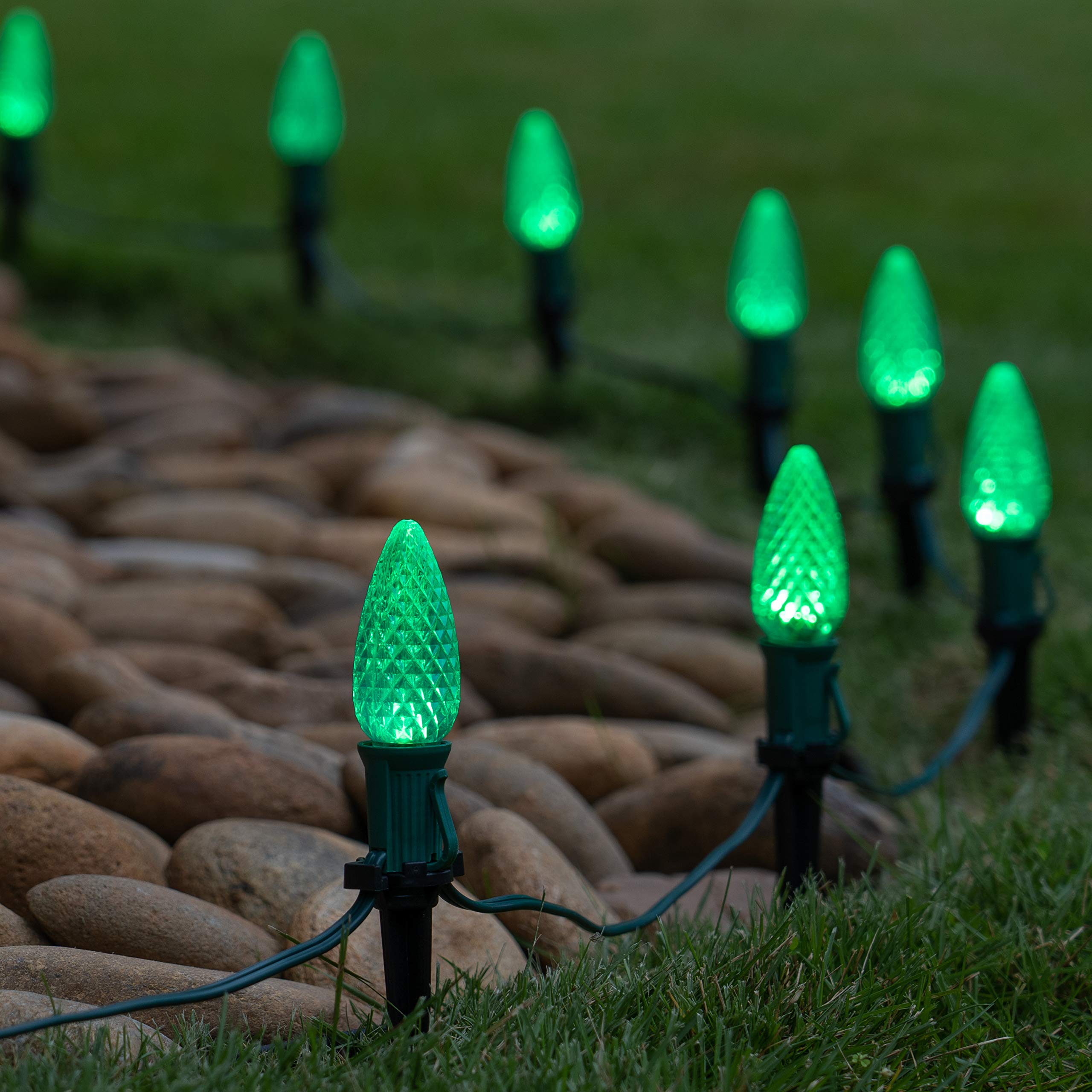 Wintergreen Lighting 100ft OptiCore LED Green Christmas Pathway Lights - C9 Outdoor Holiday String Lights with 4.5