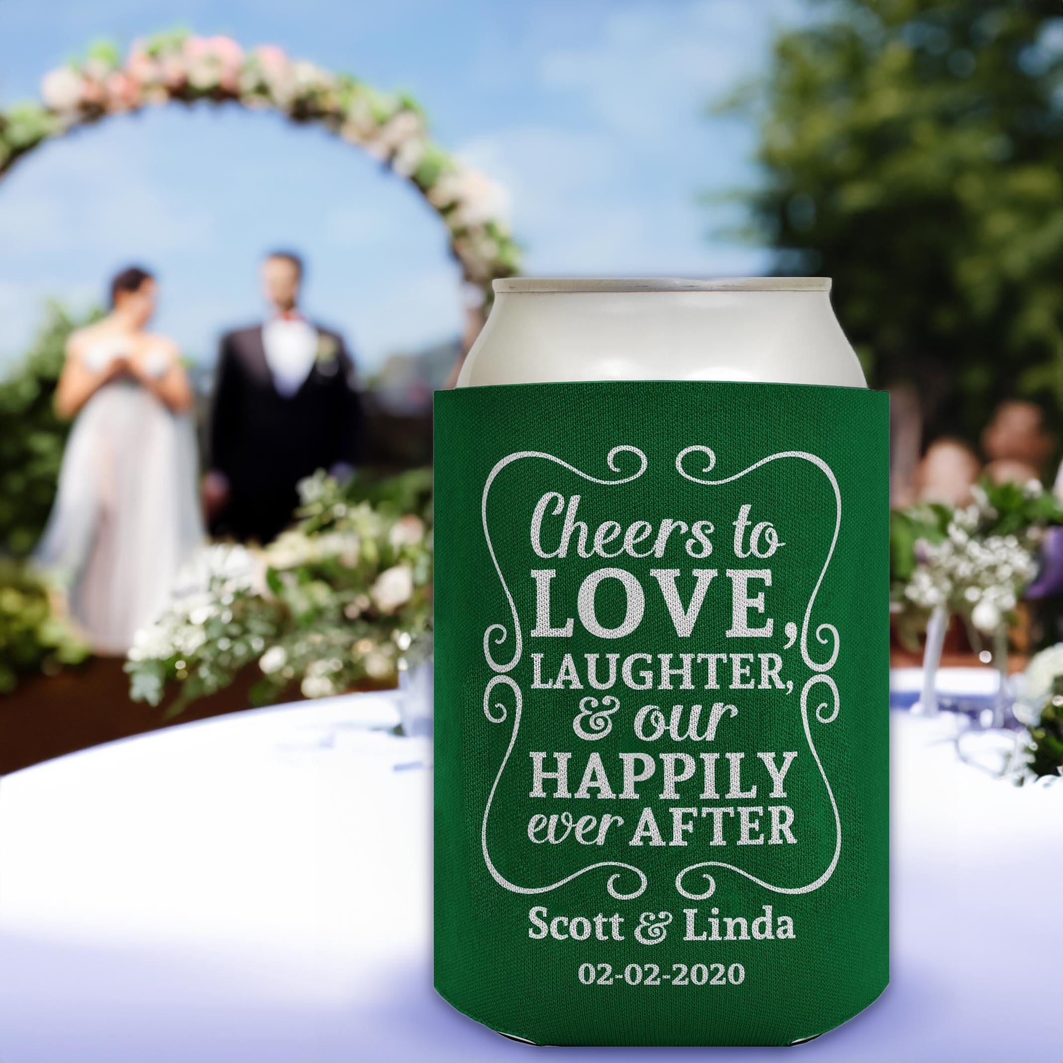 Cheers To Love Custom Names & Date 48-Pack Personalized Can Coolers - Wedding, Anniversary, Bridal Shower, Birthday Party Drink Sleeves for Beer & Soda Cans - Forest Design