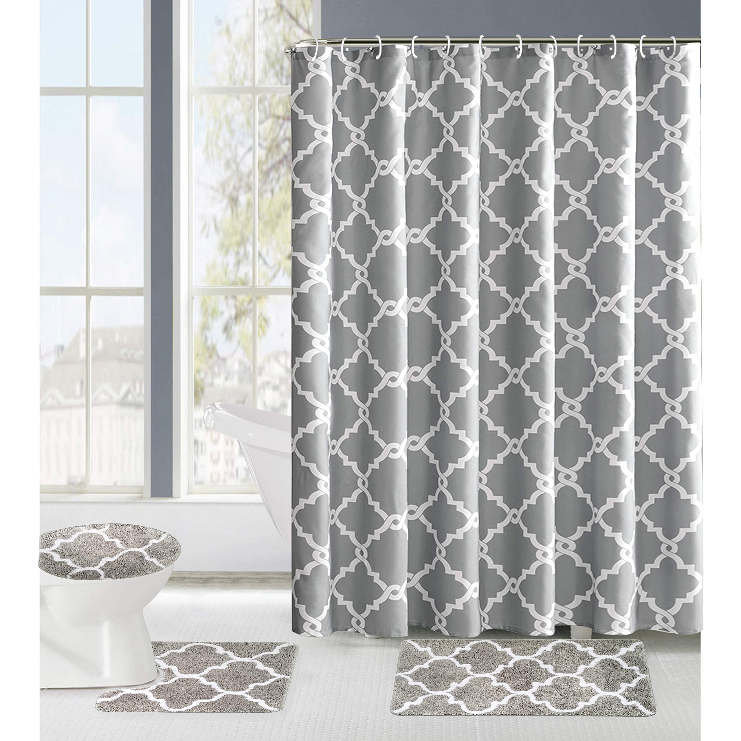 Premium 3-Piece Non-Slip Bathroom Rug Set - Ultra Soft Shower & Toilet Floor Mats - Water Absorbent Bath Mats for Bathroom, Living Room & Home Decor (Grey & White) - Perfect for Wet Floors, Modern Bathrooms & Cozy Home Spaces
