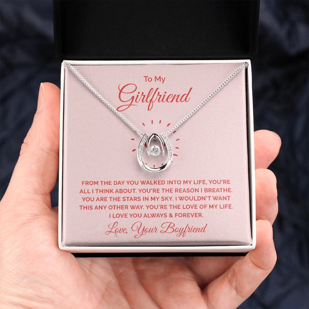 Lucky in Love Necklace for Girlfriend - White Gold Cubic Zirconia Pendant - Romantic Gift from Boyfriend - Perfect for Anniversaries, Valentine's Day & Special Occasions