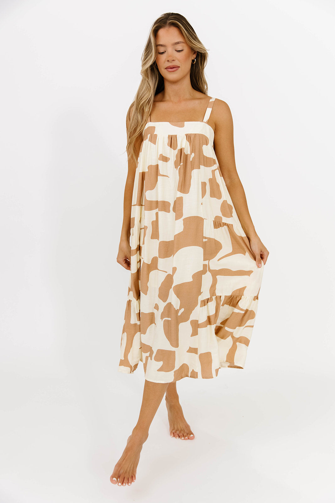 Padma Abstract Print Shirring Tiered Flowy Midi Dress in Ivory/Taupe - Elegant Boho Chic Dress for Women, Perfect for Summer Weddings, Beach Vacations & Date Nights