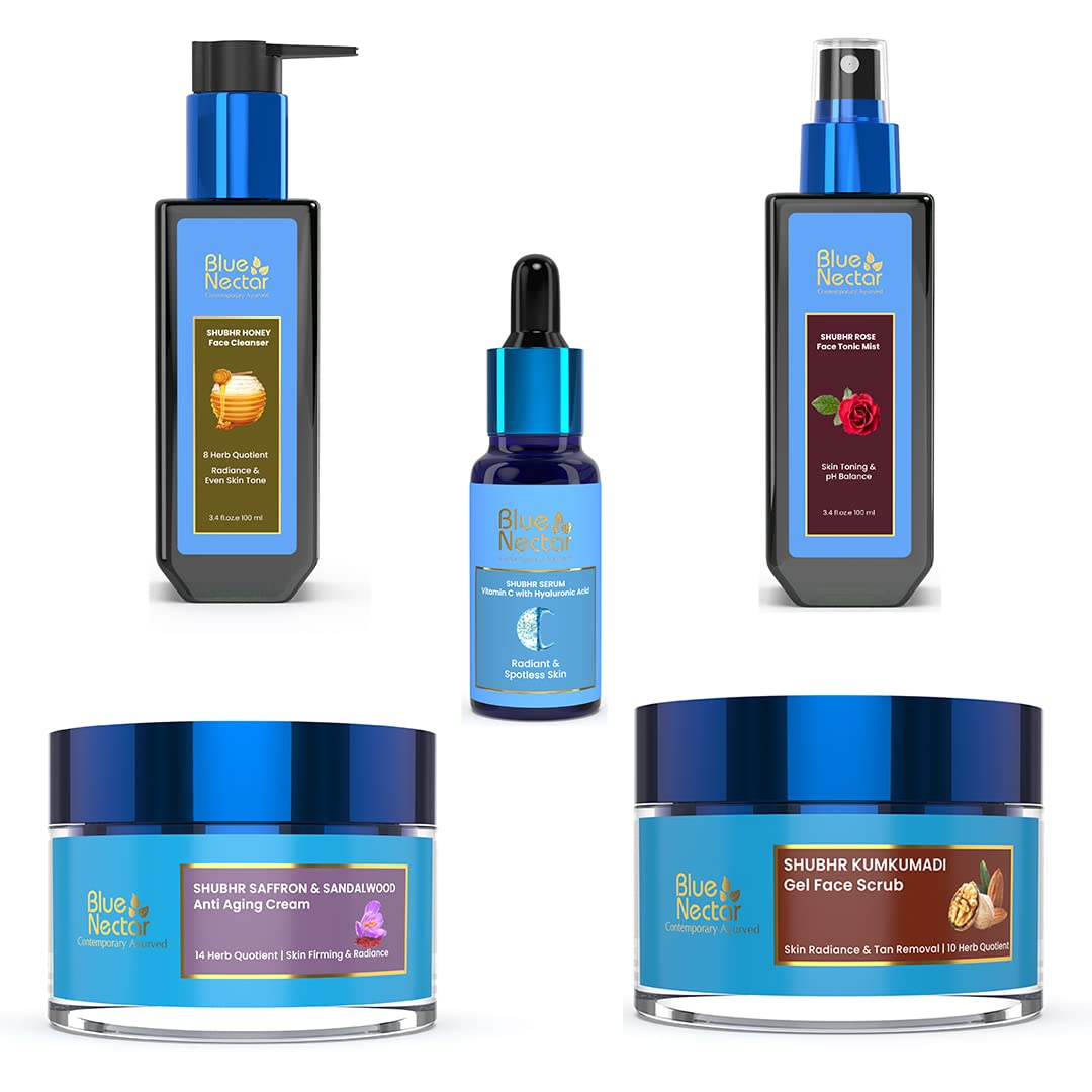 Blue Nectar Clear Skin Combo Pack - Vitamin C Face Serum, Honey Face Wash & Exfoliating Scrub (4-Piece Set) | Brightening & Glowing Skin Care Routine for Daily Use