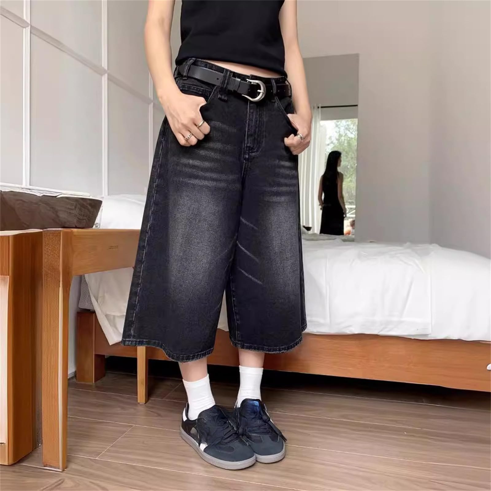 Women's & Men's Black Denim Jorts - Y2K Style Long Jean Shorts with Pockets | Wide Leg Baggy Fit for Casual Wear, Street Style & Summer Outfits