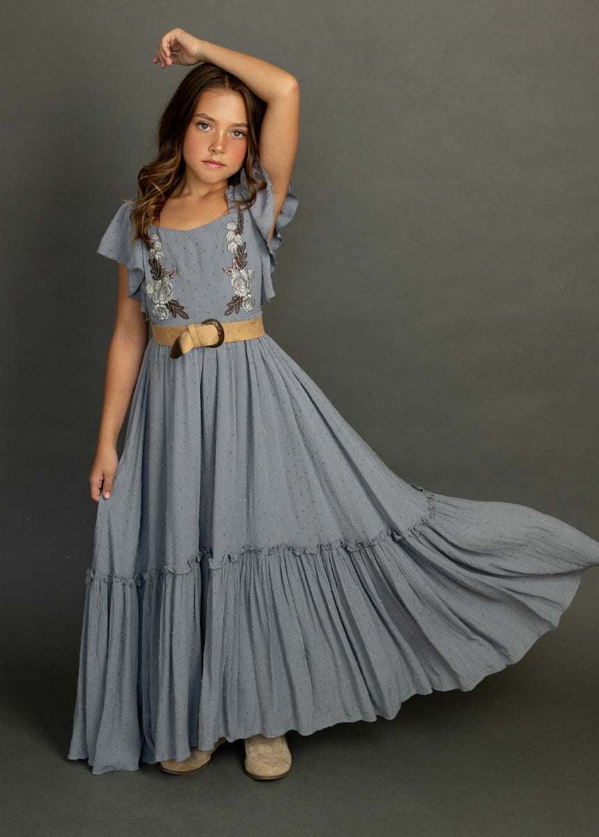Dewi Women's Dusty Blue Flowy Midi Dress - Elegant Casual & Party Wear for Summer, Weddings, and Special Occasions
