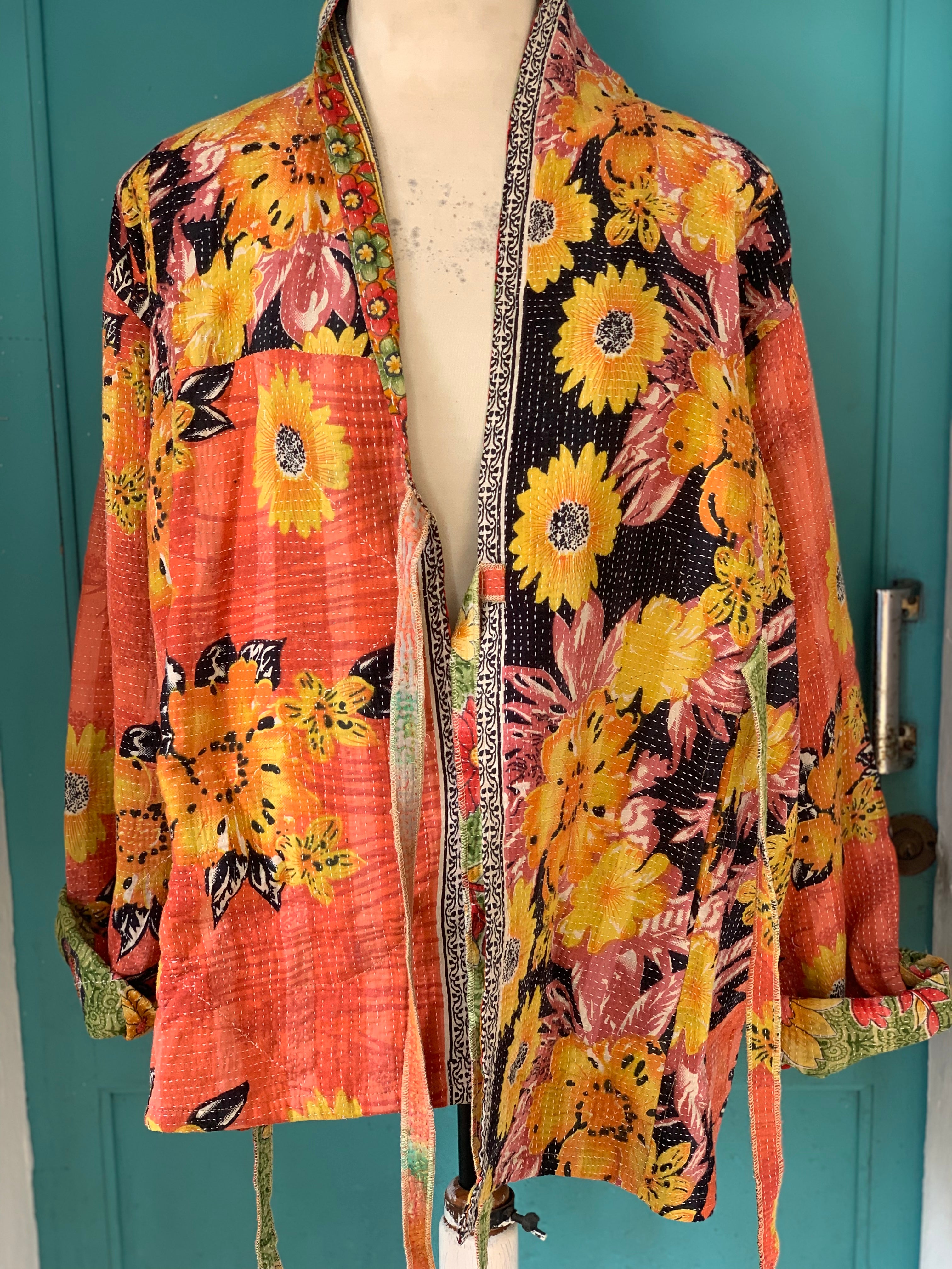 Boho Kantha Kimono Coat with Beautiful Prints - Lightweight Cover-Up for Women, Perfect for Beach, Yoga, and Summer Outfits