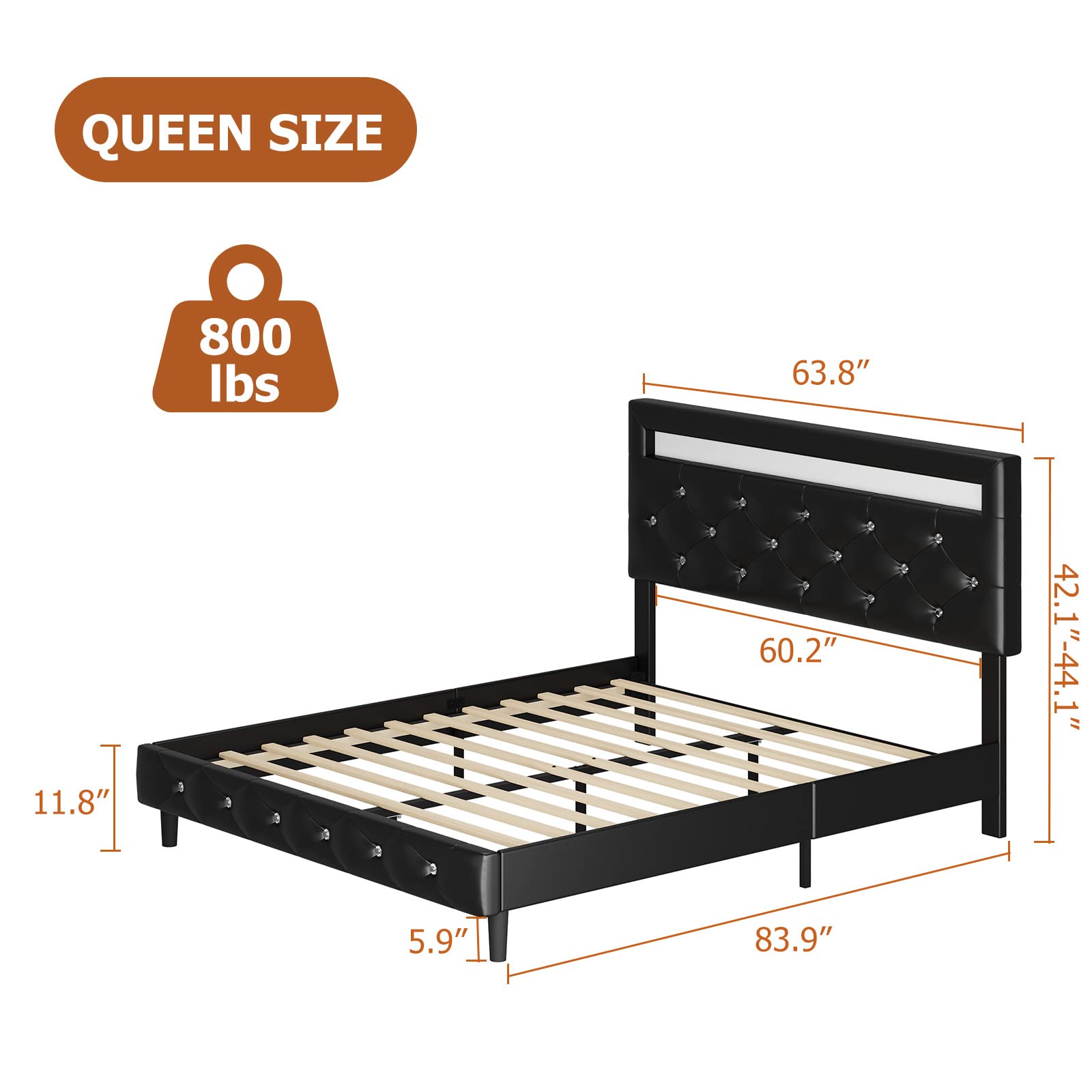Keyluv Modern Upholstered Queen Size Bed Frame with LED Lights - Faux Leather Low Profile Platform Bed with Adjustable Crystal Button Tufted Headboard - Sturdy Wood Slat Support - Easy Assembly - Black - Perfect for Contemporary Bedrooms, Guest Rooms & Master Suites