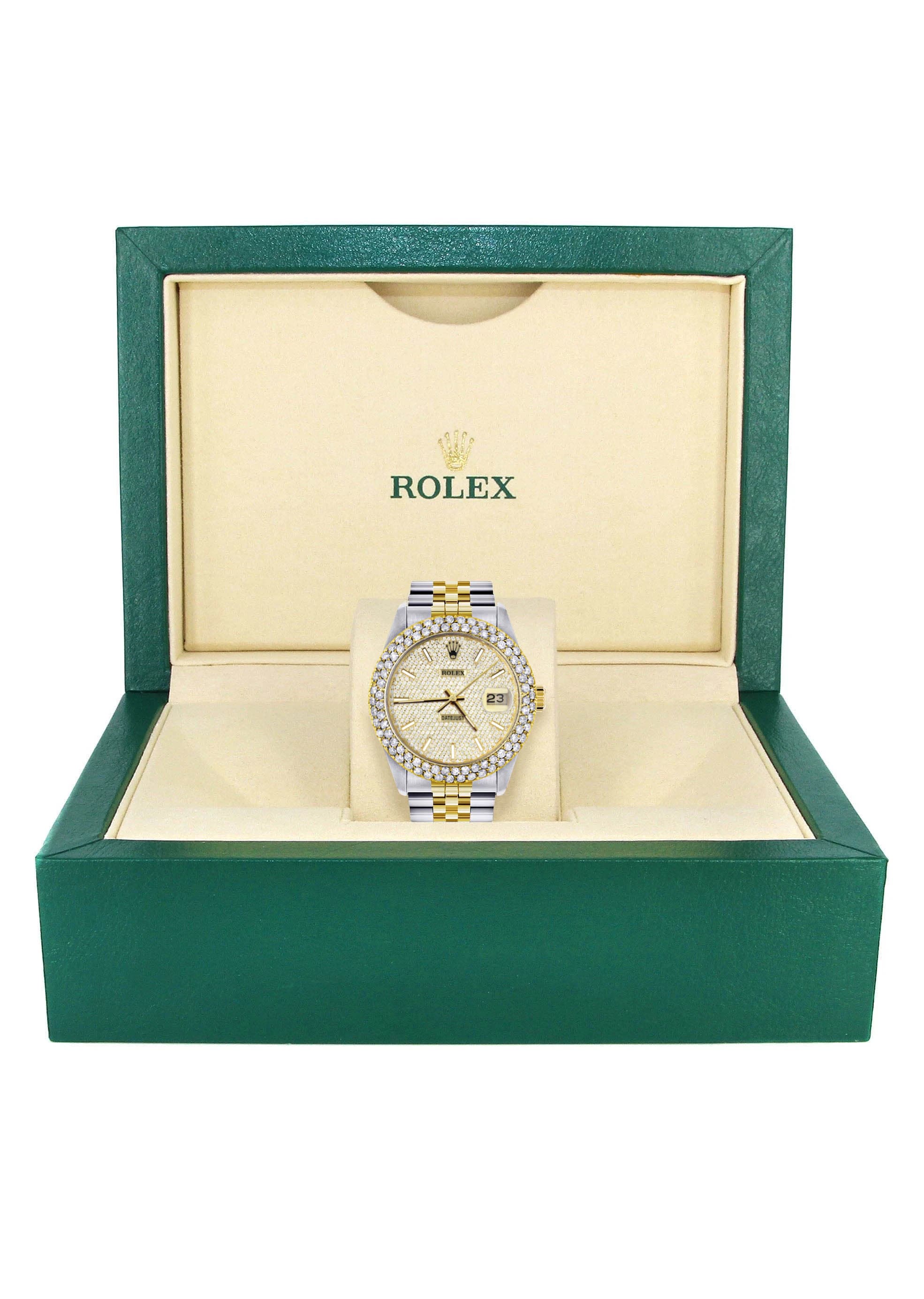 Luxury Diamond Gold Rolex Watch For Men 16233 | 36mm Stainless Steel | Full Diamond Dial | 4.25 Carat Two Row Bezel | Jubilee Bracelet | Perfect for Business Meetings & Special Occasions