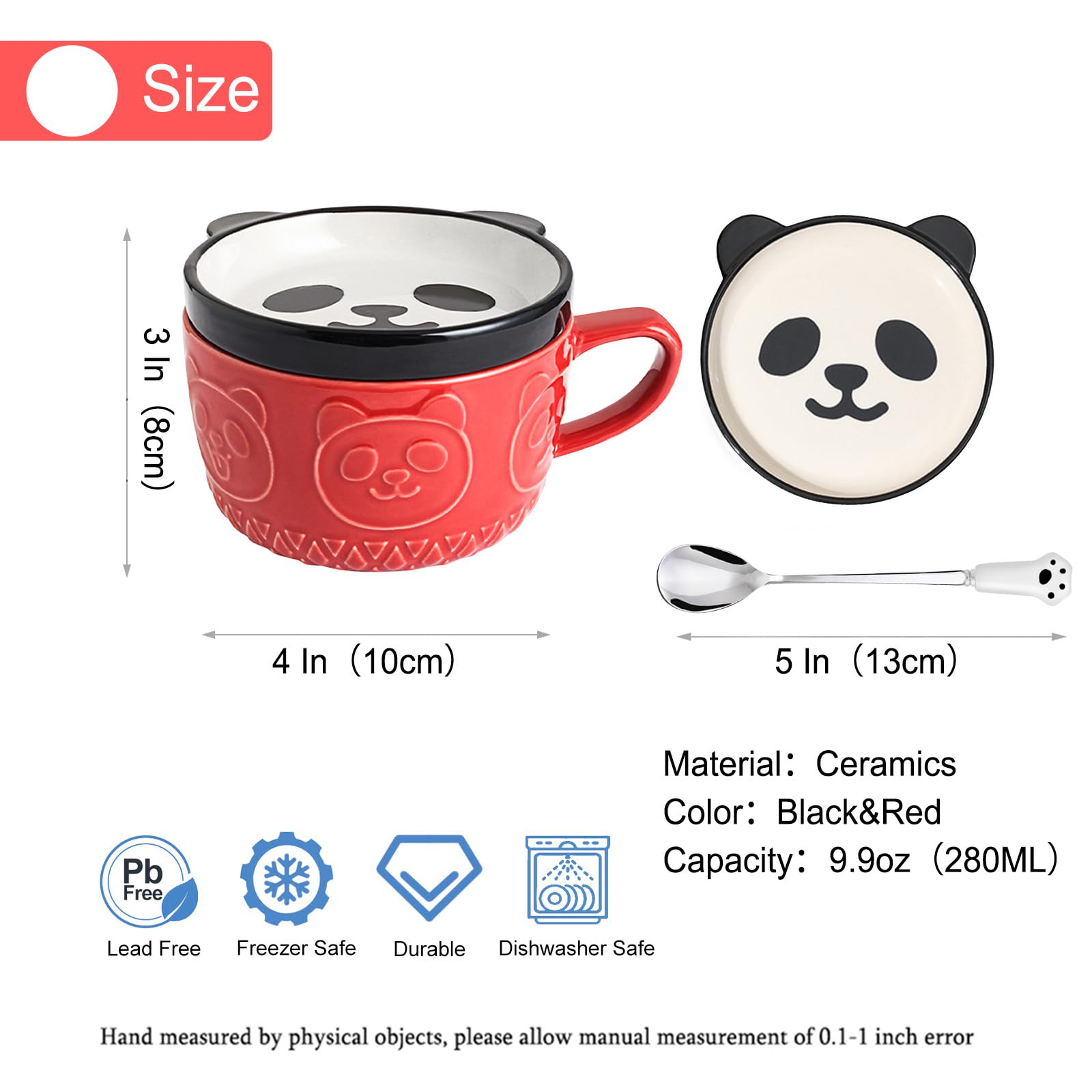 Kawaii Panda Coffee Mug with Lid - Cute Ceramic Tea Cup & Dessert Saucer Set for Women, Men, Kids - Perfect Christmas, Birthday Gift for Her, Wife, Mom, Grandma, Teacher - Ideal for Home, Office & Coffee Lovers
