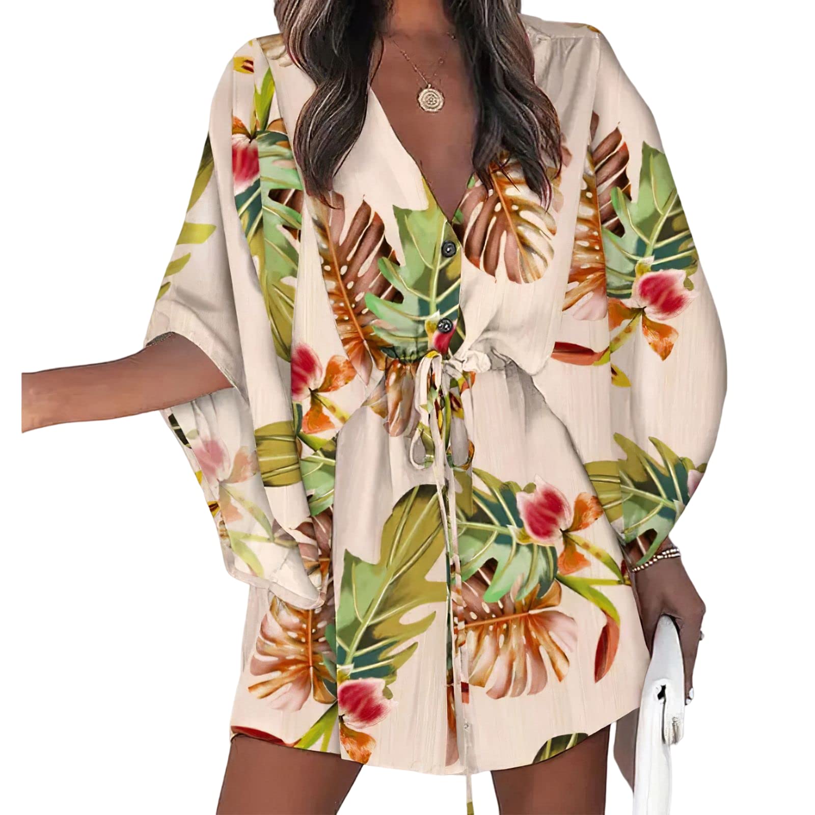 Women's Hawaiian Print Button Down Shirt Dress - Tropical Floral V-Neck Mini Dress for Summer Beach Vacations | Casual Sundress for Pool Parties, Resort Wear & Tropical Getaways