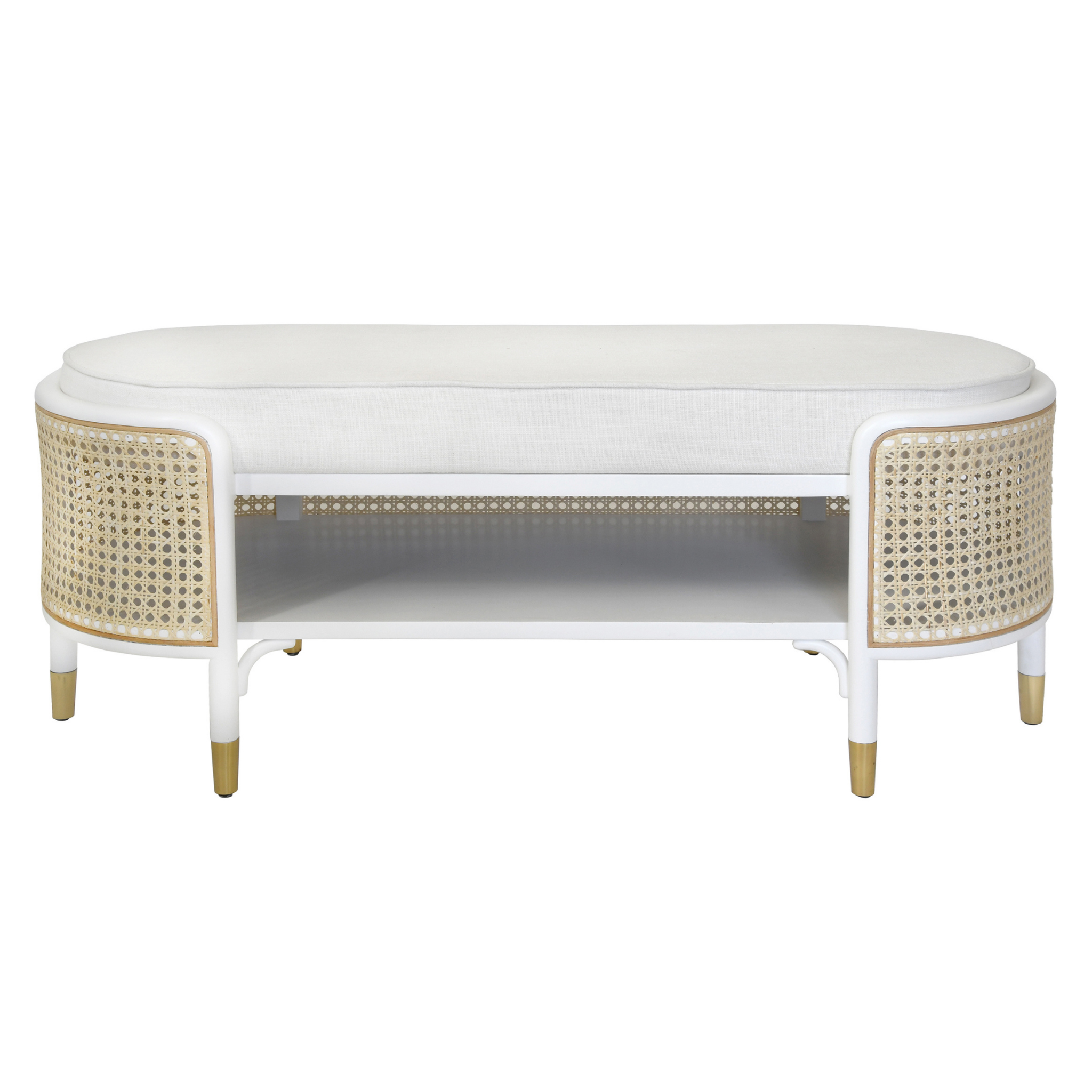 Beale Colonial Style White Bench With Cane Accents - Elegant Home Decor for Living Room, Bedroom, or Entryway