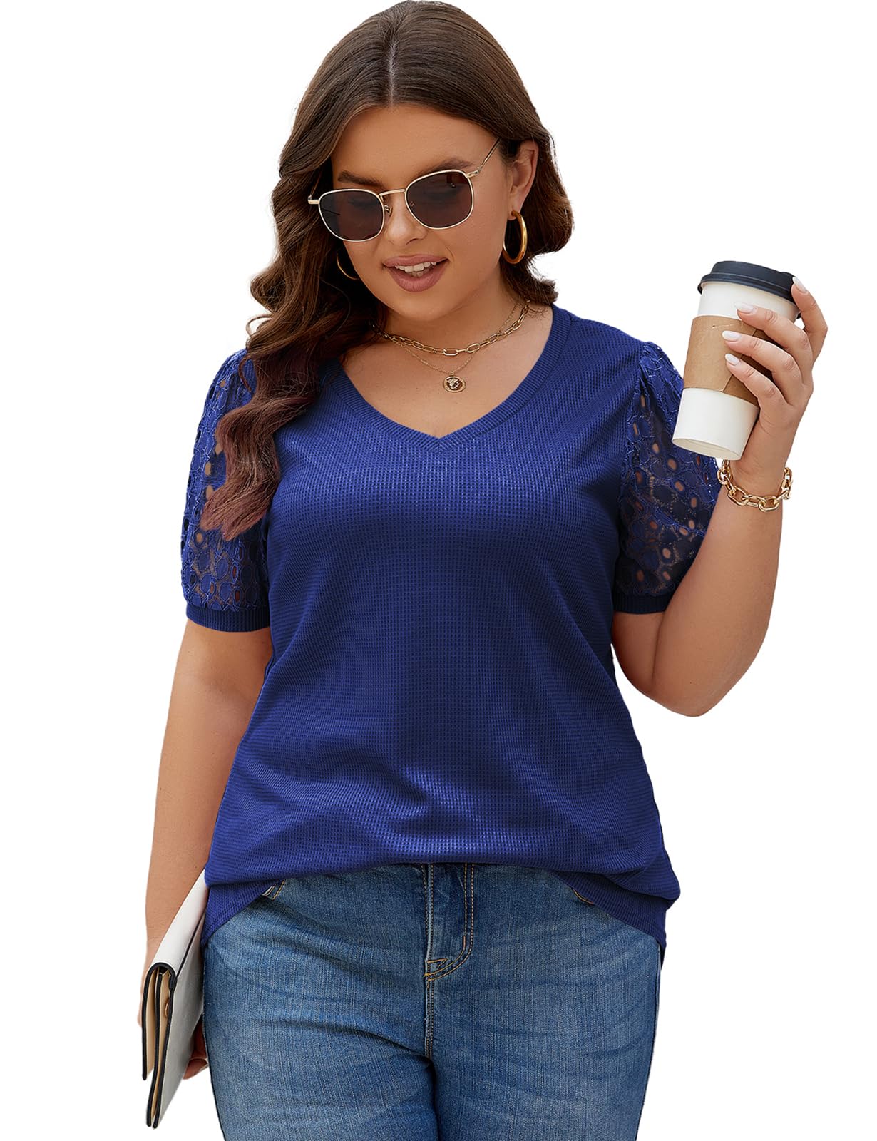 Halife Women's Plus Size V-Neck Summer Blouse - Short Lace Sleeve Waffle Knit Tops for Casual Wear, Office & Date Night Outfits