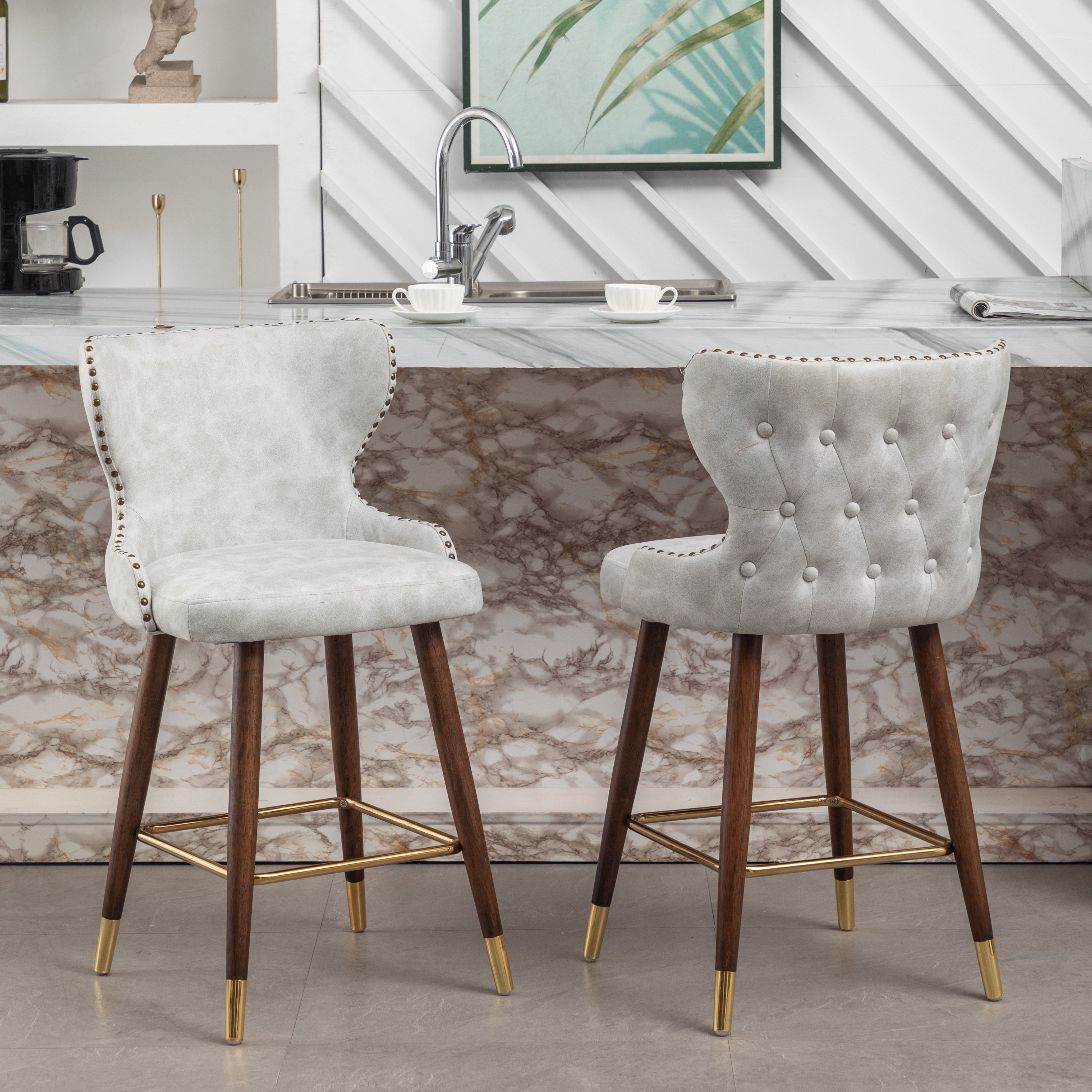 Roundhill Furniture Nevis Mid-Century Modern Faux Leather Tufted Nailhead Trim Counter Stools - Set of 2, White - Perfect for Kitchen Islands, Breakfast Bars & Home Decor