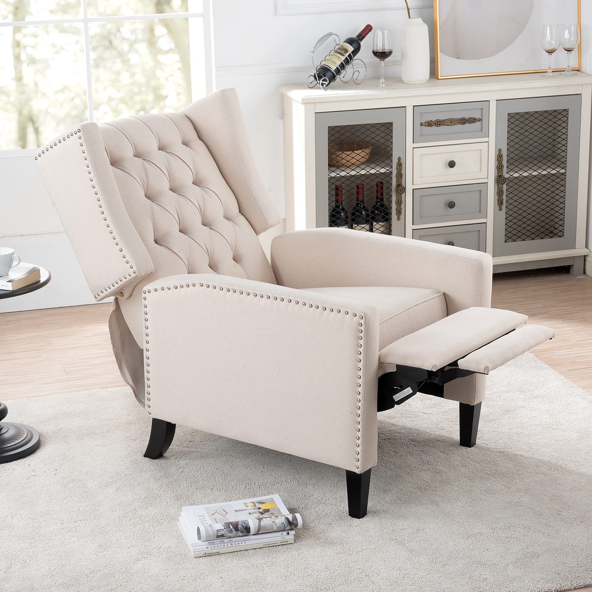 Mid-Century Modern Wingback Accent Chair with Recliner, Button Tufted Upholstery & Nailhead Trim - Padded Lounge Armchair for Living Room, Bedroom, or Office - Comfortable Single Sofa in Beige - Perfect for Relaxing, Reading, or Adding Elegant Style to Your Home Decor