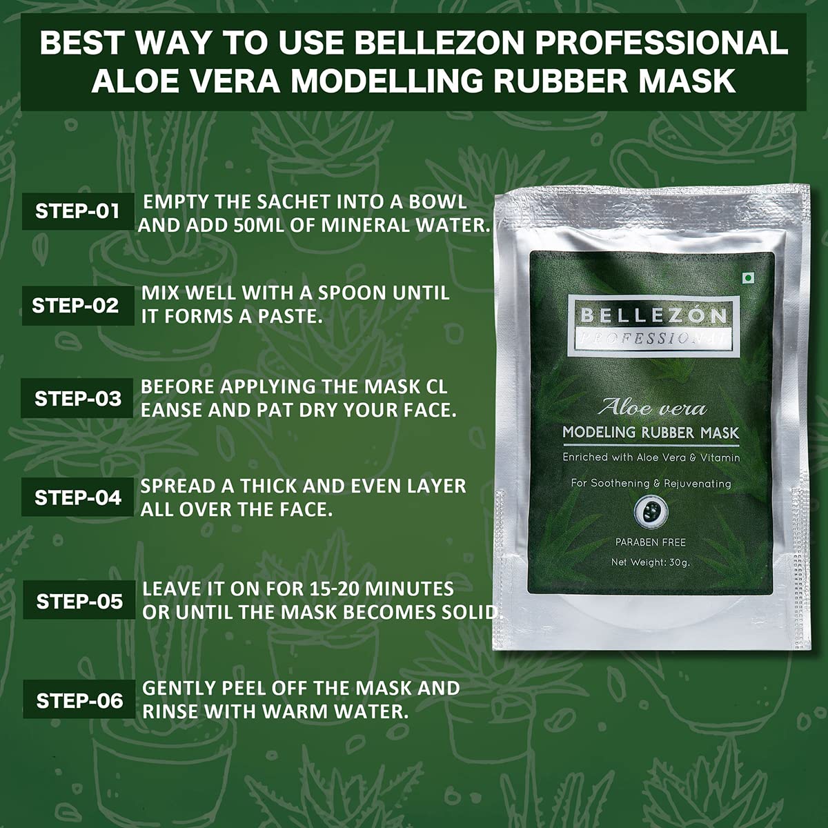 Bellezon Professional Aloe Vera Modeling Rubber Mask - Pack of 2 | Hydrating & Rejuvenating Face Mask for All Skin Types | Paraben Free | Perfect for Spa Night, Self-Care Routine & Skin Detox