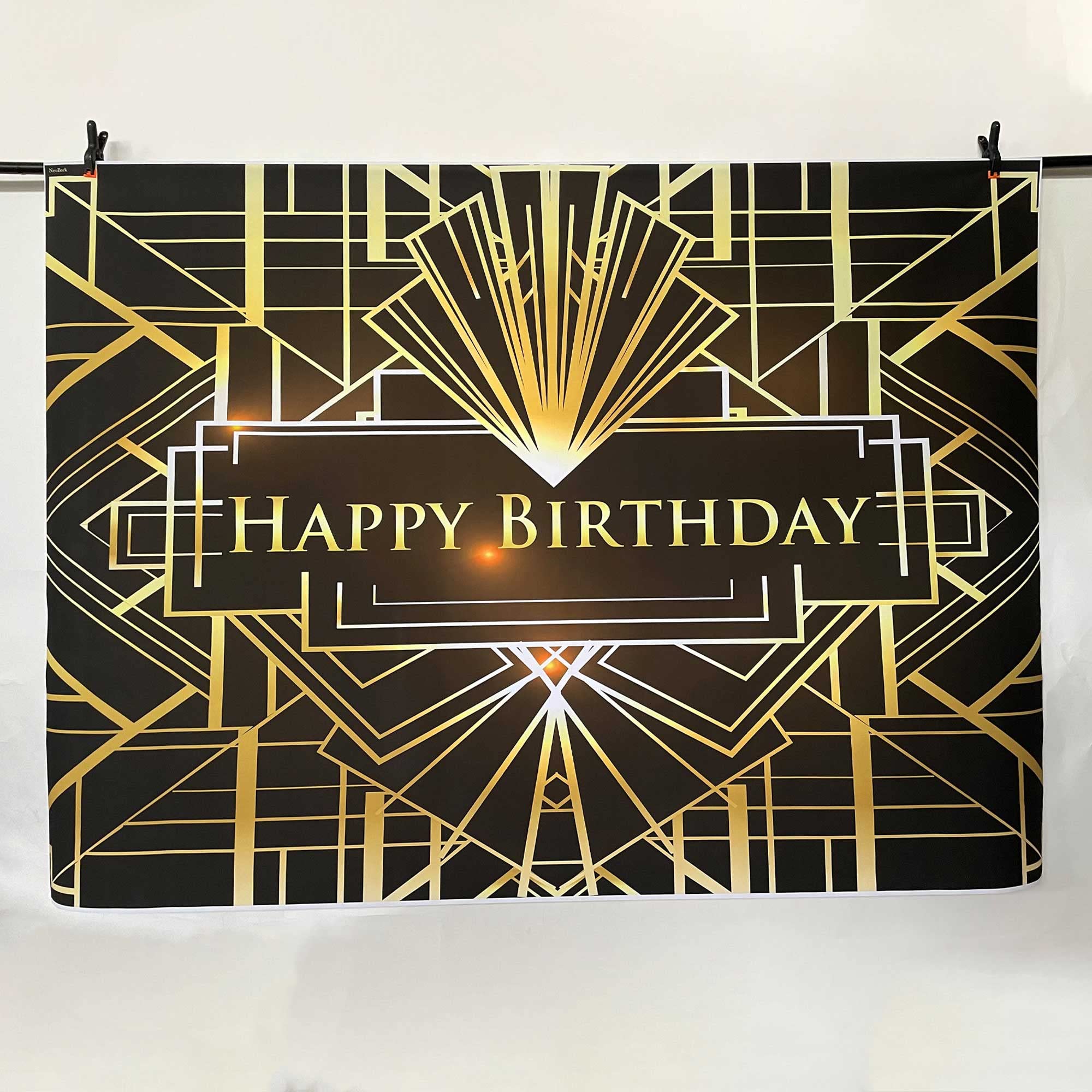 7x5ft Happy Birthday Backdrop - Black & Gold Gatsby Party Decorations, Birthday Banner for Roaring 20s Theme Party, Photo Booth Background, Anniversary & Special Event Decor