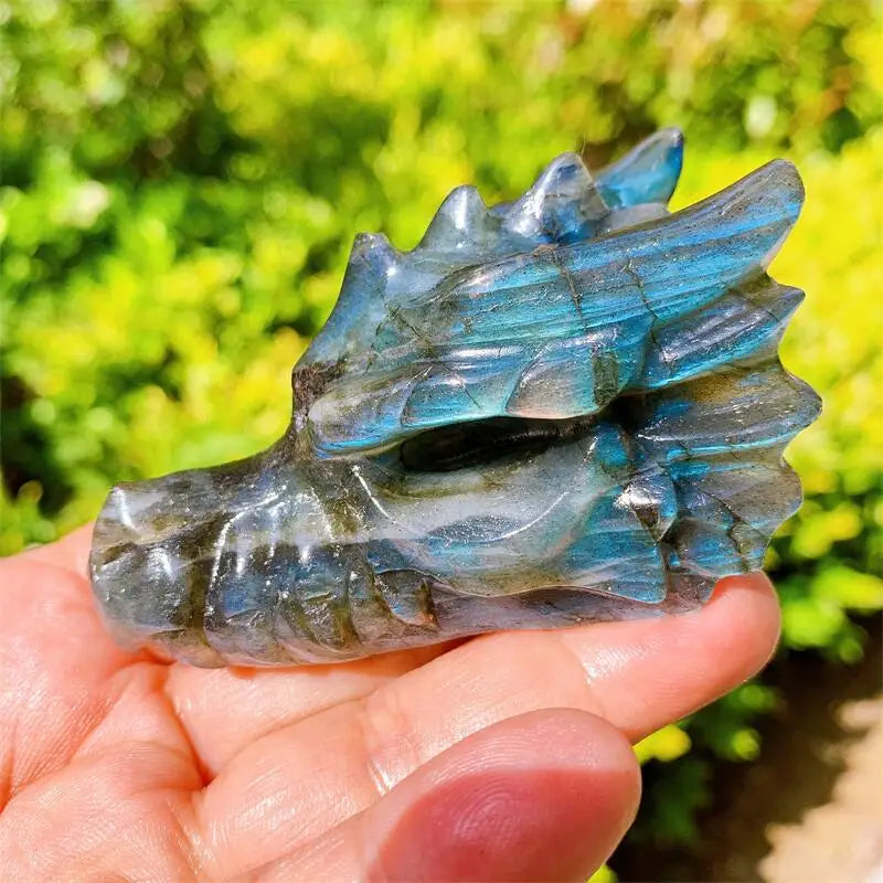 8CM Natural Labradorite Dragon Skull Crystal Carving - Feng Shui Healing Art, Home Decor Gift for Meditation, Office Desk Display & Spiritual Healing (1PC)