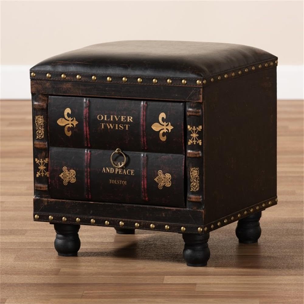 BOWERY HILL Dark Brown Faux Leather Storage Ottoman with Wooden Legs - Perfect for Living Room, Bedroom & Home Office Organization