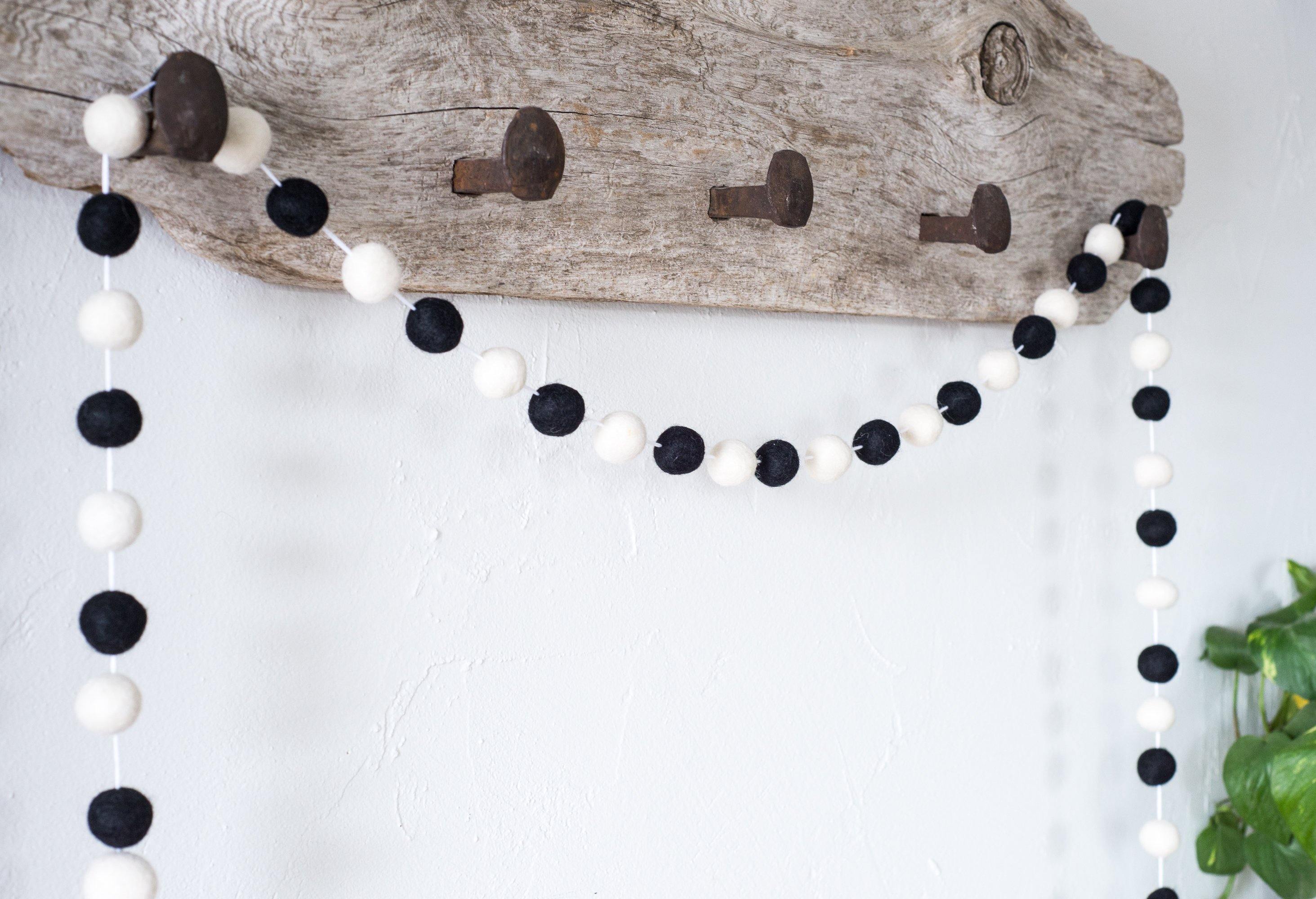 Black and White Felt Ball Garland - 12 Feet Decorative String for Nursery, Wedding, Party & Home Decor - Perfect for Baby Showers, Christmas Tree, Wall and Ceiling Decorations