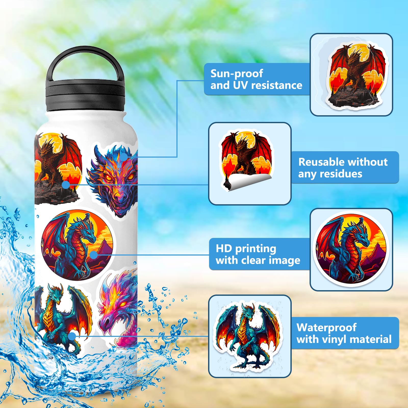 50 PCS Dragon Stickers for Kids Teens Adults - Waterproof Vinyl Decals for Water Bottles, Laptops, Luggage & Guitar - Fantasy Party Favors, DIY Crafts & Room Decor