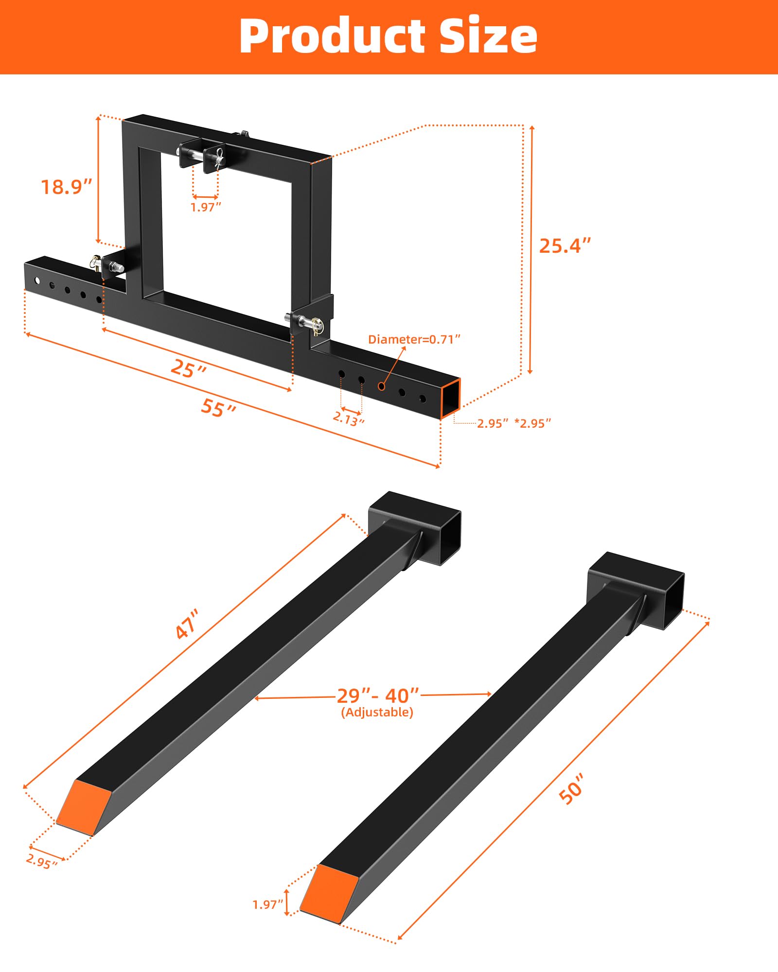 Heavy Duty 3 Point Hitch Pallet Forks for Tractor - 1500LBS Capacity Adjustable Pallet Fork Attachment with High Strength Steel - Perfect for Farming, Landscaping & Material Handling