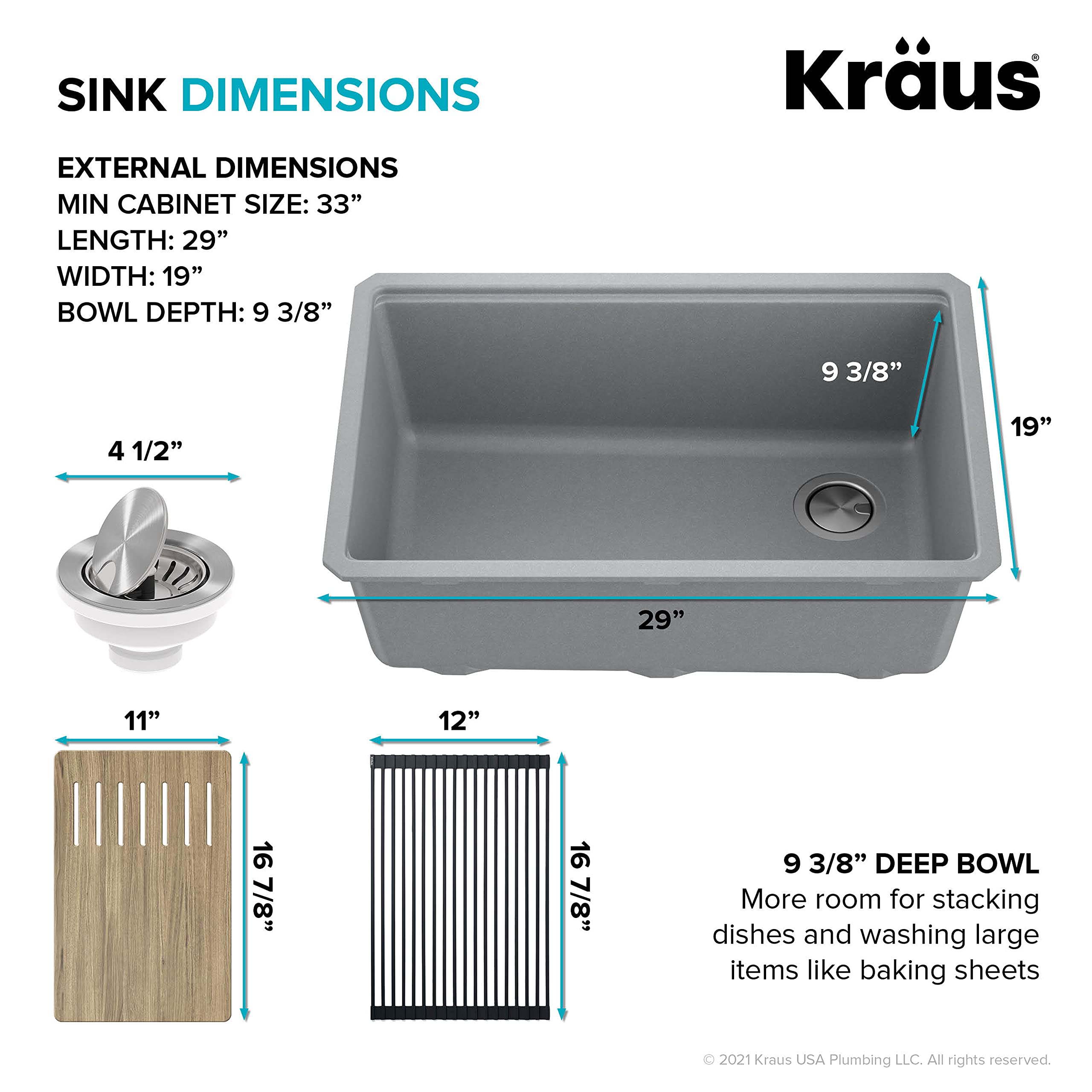 KRAUS Bellucci 30-Inch Undermount Workstation Granite Composite Kitchen Sink in Metallic Gray with Accessories (Model KGUW2-30MGR) - Perfect for Modern Kitchens, Food Prep, and Dishwashing