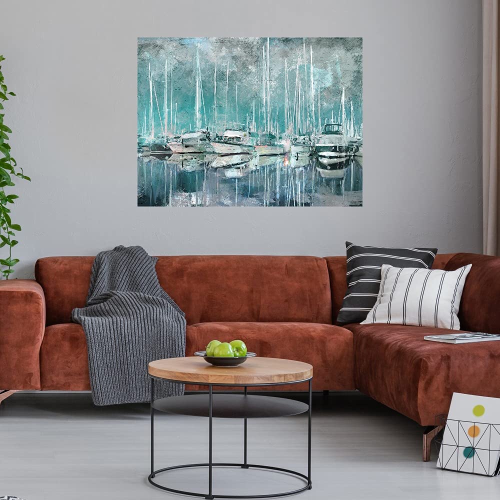 Fine Art Canvas Harbor Masts Wall Decor - Hand Painted Nautical Painting for Living Room, Bedroom, Office - Ready to Hang 32x24 Inches - Perfect for Coastal & Beach House Decor