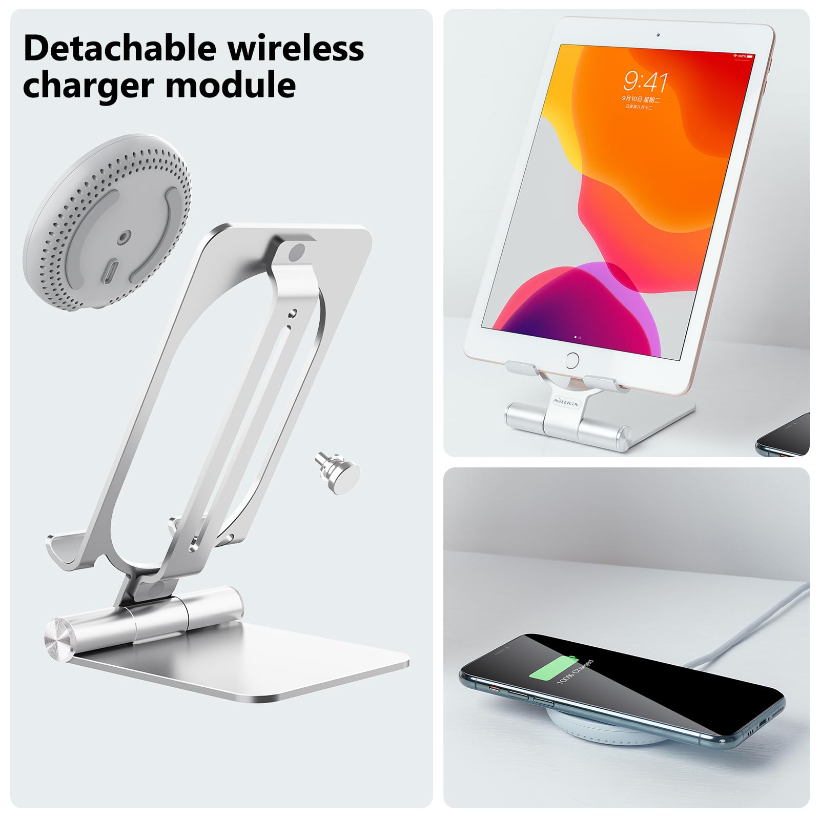 Nillkin Fast 15W Wireless Charger Stand - Adjustable & Foldable Metal Phone Holder for iPhone 15/14/13/12 Pro Max, Samsung Galaxy S24/S23/S22/S21 Ultra, Qi-Certified Charging Pad for Bedroom, Office & Travel