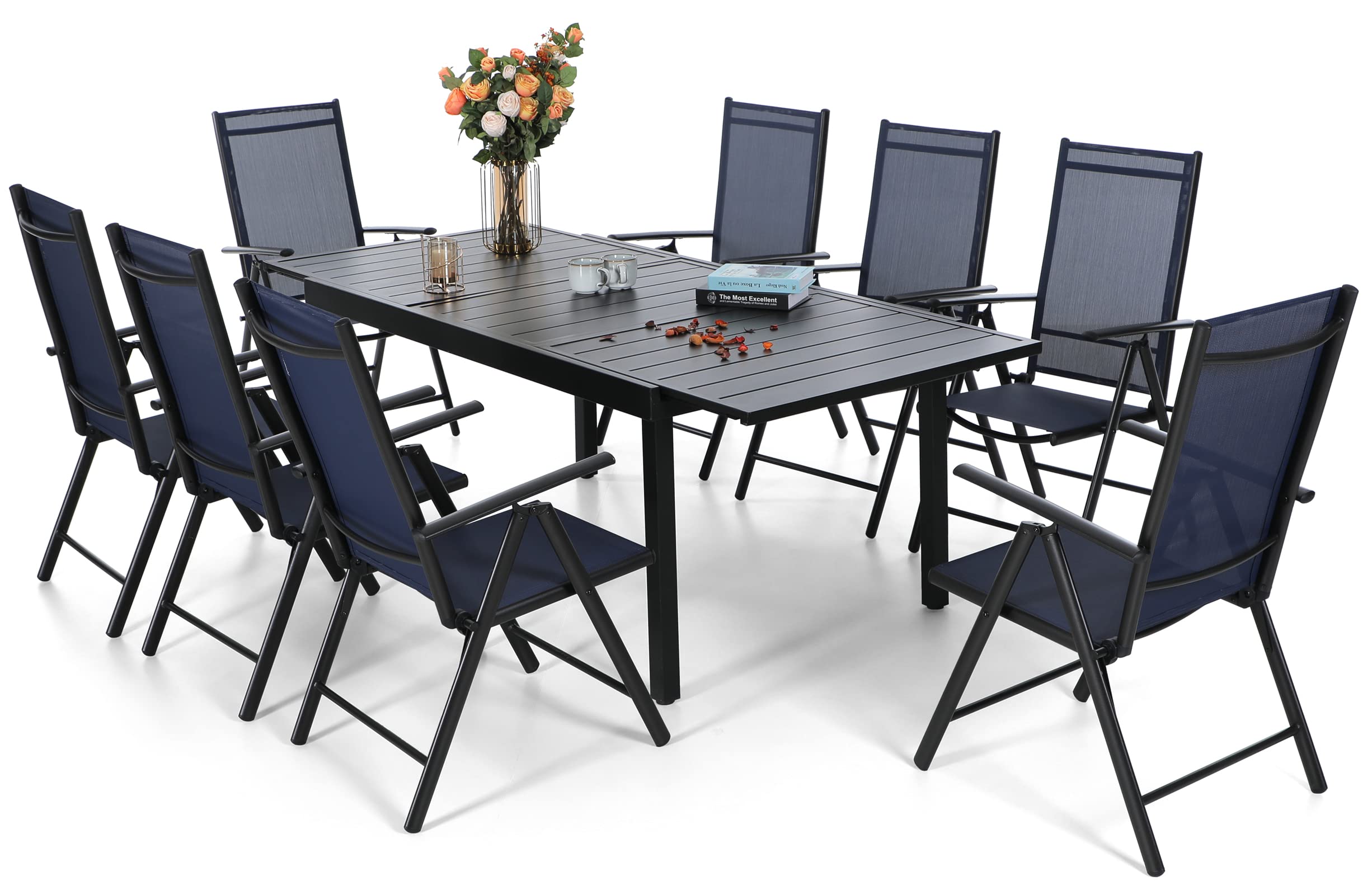 Sophia & William 8-Piece Expandable Outdoor Dining Set - Metal Patio Table & 8 Foldable Textilene Chairs in Blue | Perfect for Backyard BBQs, Poolside Gatherings & Garden Parties