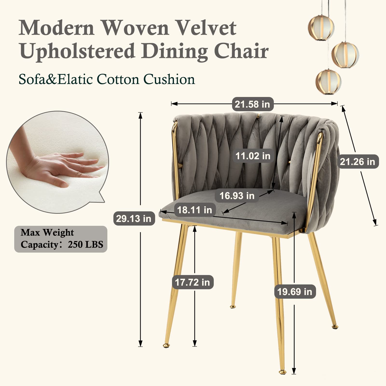 Modern Velvet Dining Chairs Set of 2 - Hand Woven Upholstered Accent Chairs with Golden Metal Legs for Living Room, Kitchen, Dining Room & Vanity - Grey Velvet Side Chairs for Home Decor & Entertaining
