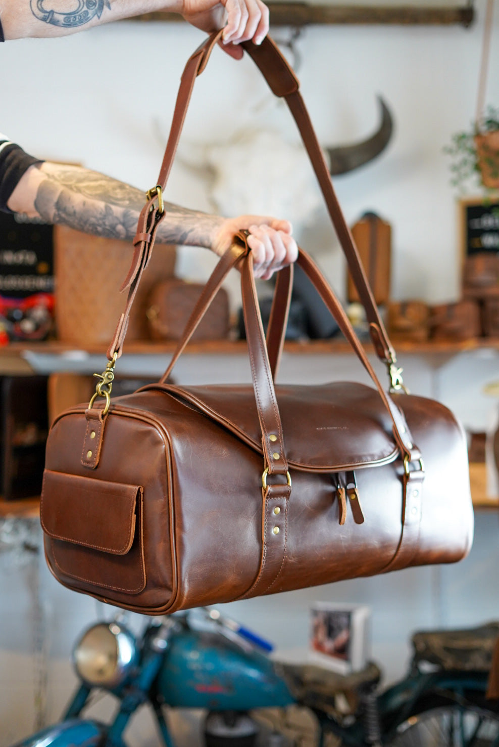 Premium U-Shape Opening Weekend Warrior Bag in Polished Cognac - Perfect for Travel, Work, and Everyday Use