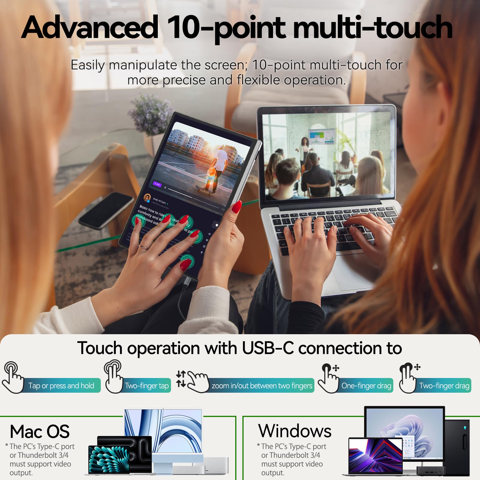 Intehill 13.4 Inch 4K Portable Monitor with Touchscreen - 3840x2400 IGZO Anti-Glare Display, 10-Point Multi-Touch, HDR, 100% sRGB, Built-in Speakers, Dual USB-C & HDMI Ports - Compatible with Laptop, Mac, Phone, PS5 - Perfect for Work, Gaming & Travel