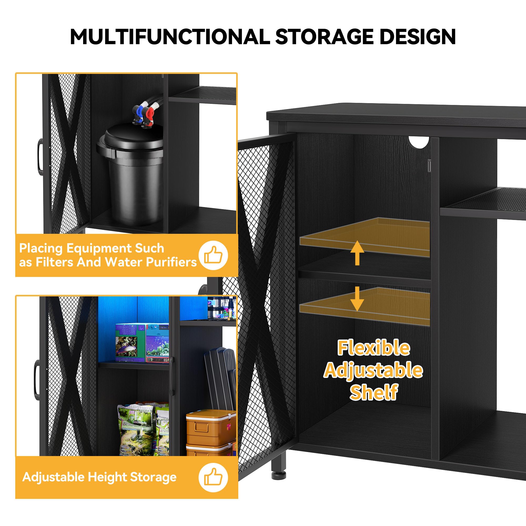 DWVO 40-50 Gallon Aquarium Stand with Power Outlets & LED Light - Heavy Duty Metal Fish Tank Cabinet for Storage, Turtle & Reptile Terrarium - 660LBS Capacity, Black - Perfect for Home, Office & Pet Store Displays