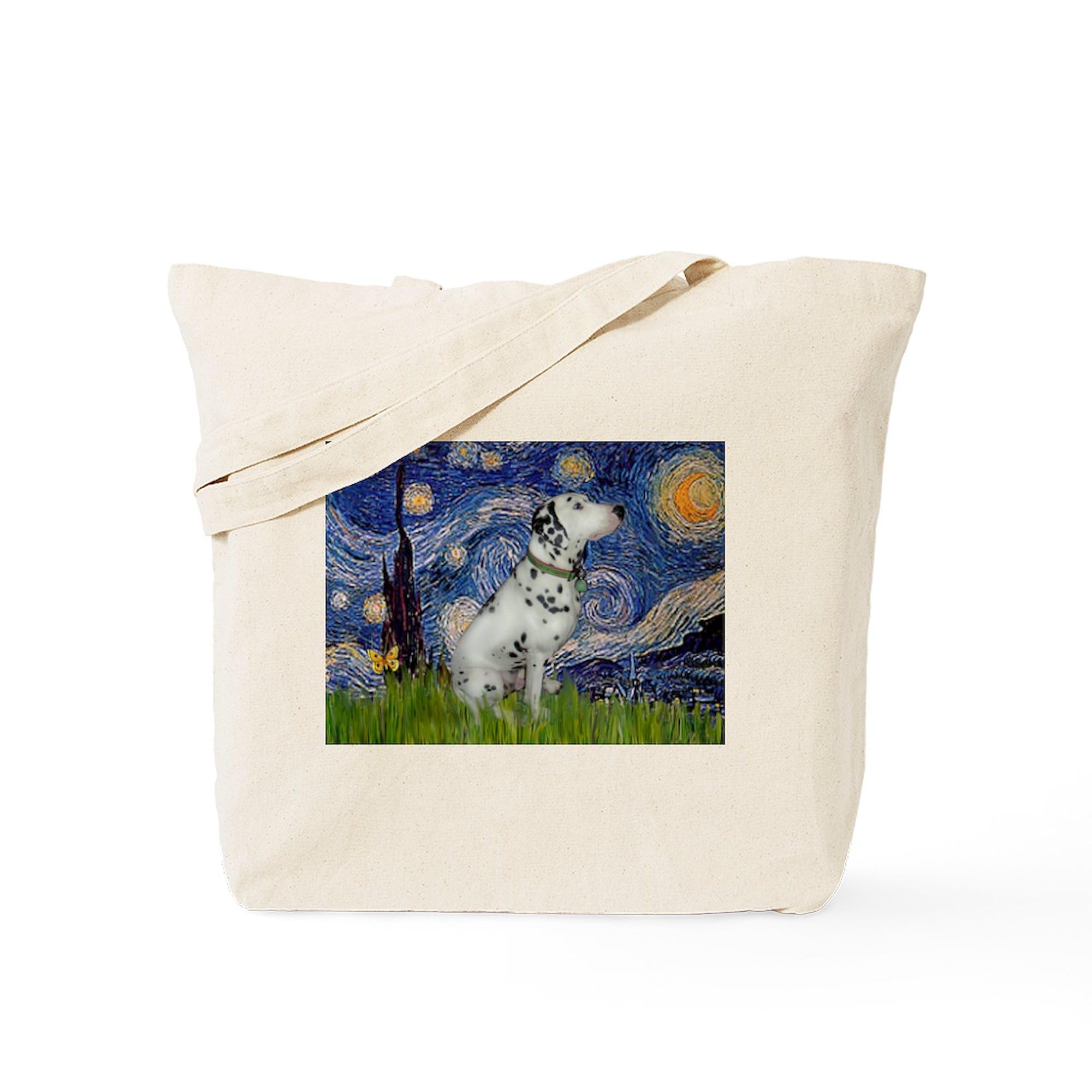 Starry Night Dalmatian Print Natural Canvas Tote Bag - Eco-Friendly Reusable Grocery Shopping Bag for Beach, Work & Farmers Market