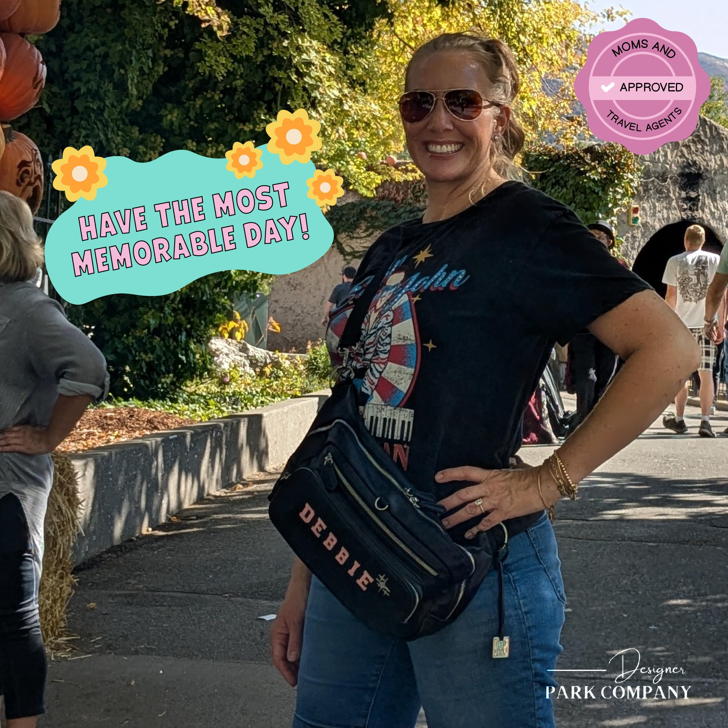 Designer Park Company - Women's Leather Crossbody Bag with Adjustable Strap & Locking Pins, Single Rider Belt Bag, Fanny Pack for Theme Parks, Travel Essentials - Midnight Black | Perfect for Amusement Parks, Concerts & Daily Commute
