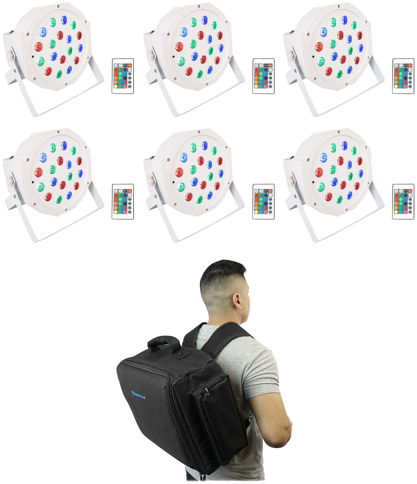 Rockville PAR 50 White Rechargeable Battery Wash Up Lights with Remote Control & Carrying Backpack - 6 Pack for Stage Lighting, DJ Shows, and Event Productions