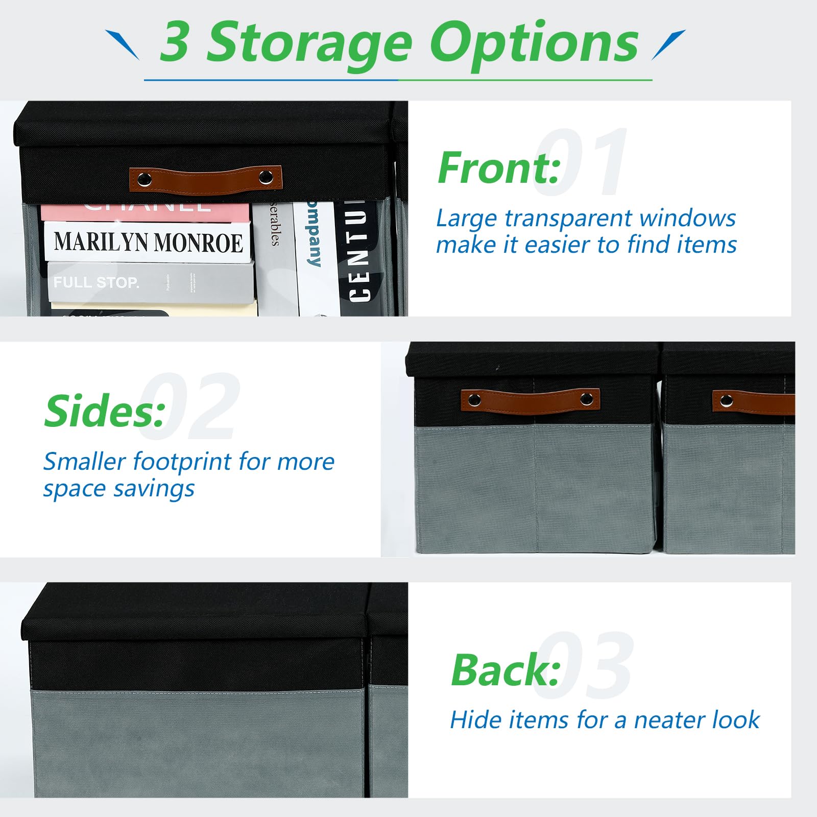 Bidtakay 4-Pack Collapsible Storage Bins with Lids & Clear Windows - 15 x 11 Inch Fabric Closet Organizers with Handles, Foldable Storage Baskets for Shelves, Clothes, Toys & Home Organization (Black/Grey) - Perfect for Bedroom, Closet, Nursery & Office Storage Solutions