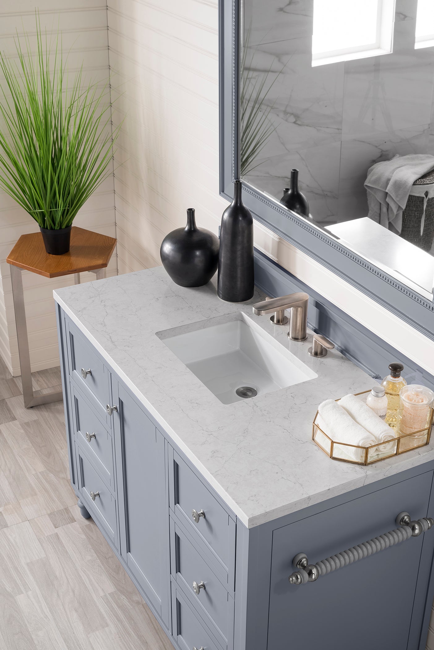 Copper Cove Encore 48 Inch Single Bathroom Vanity with 3CM Eternal Jasmine Pearl Quartz Top - Silver Gray Finish | Modern Space-Saving Design for Small Bathrooms & Powder Rooms