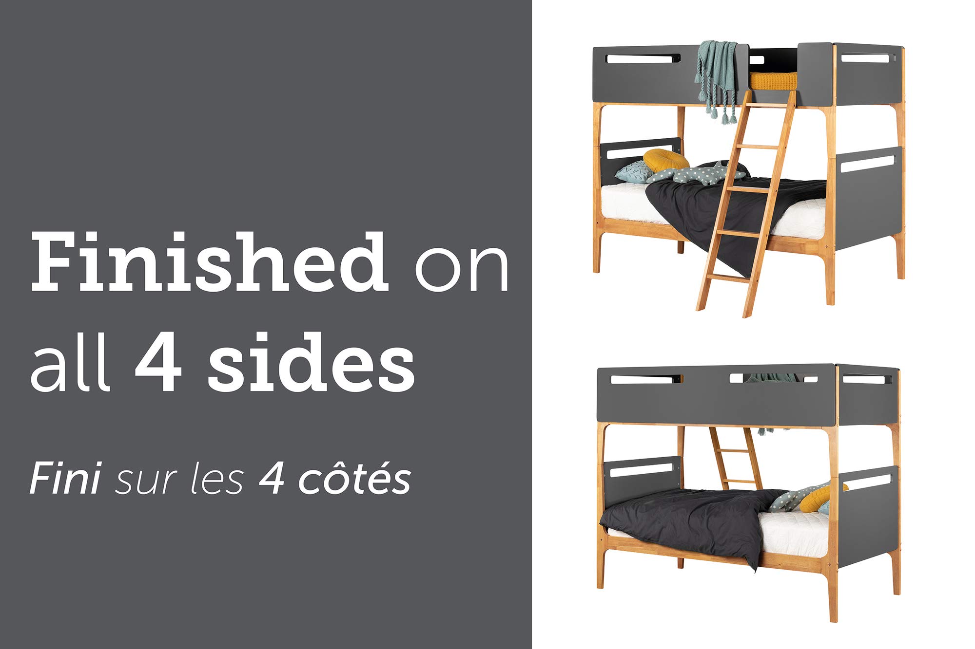 South Shore Bebble Twin Bunk Bed with Ladder - Charcoal Gray & Exotic Wood Finish - Space-Saving Kids Bedroom Furniture for Siblings or Sleepovers