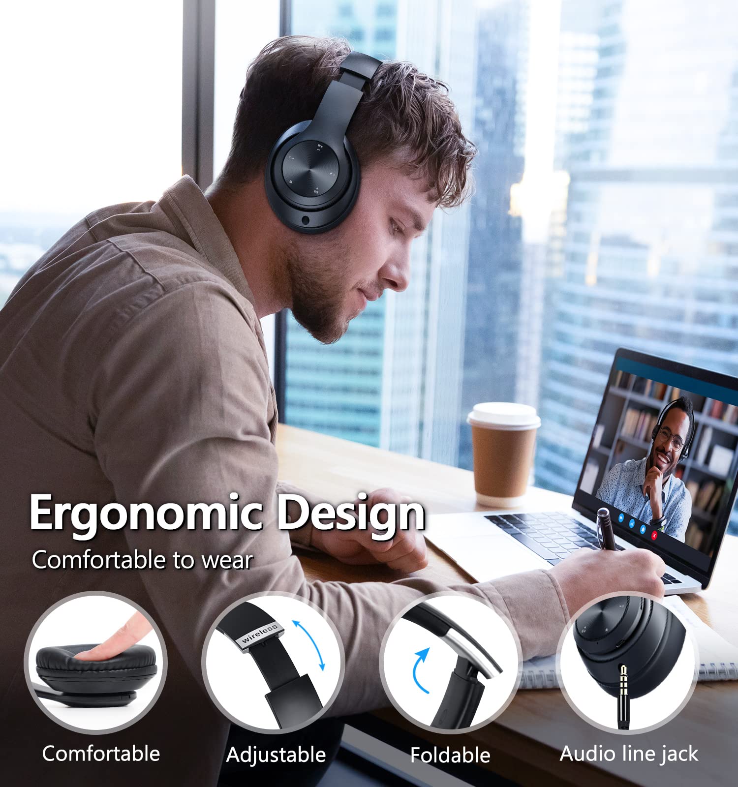 Premium Wireless Bluetooth Over-Ear Headphones - 60H Playtime, Hi-Fi Stereo, Deep Bass, 6 EQ Modes, Foldable & Lightweight Design with Mic, FM, SD/TF Card Support - Perfect for Travel, Workouts, Gaming & Home Entertainment