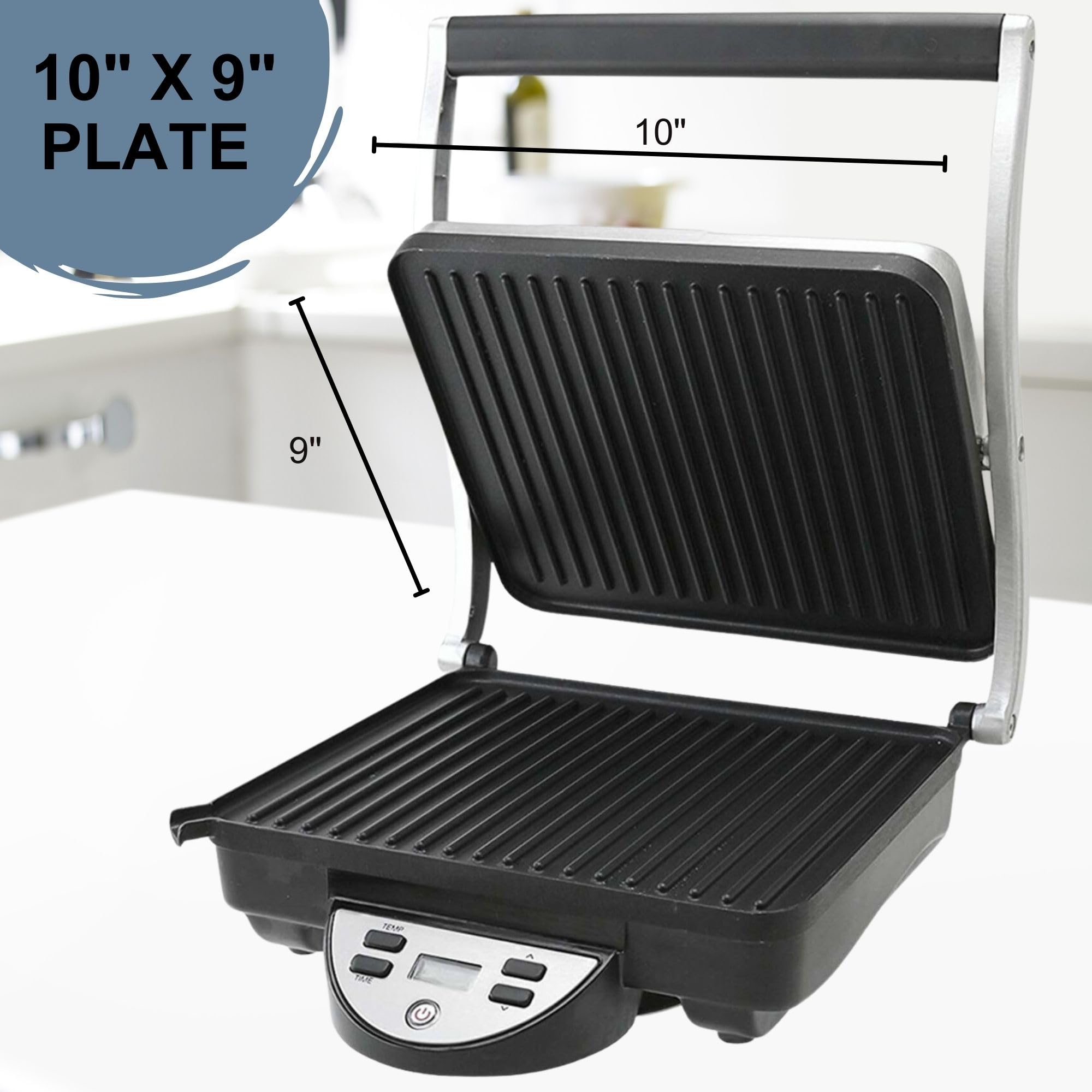 OVENTE 1500W Electric Panini Press Sandwich Maker - Nonstick Indoor Grill with Digital Timer & Temperature Control, Removable Drip Tray - Perfect for 4-Slice Sandwiches, Burgers & Breakfast - Ideal for Home, Office & Camping (Silver GP1000BR)