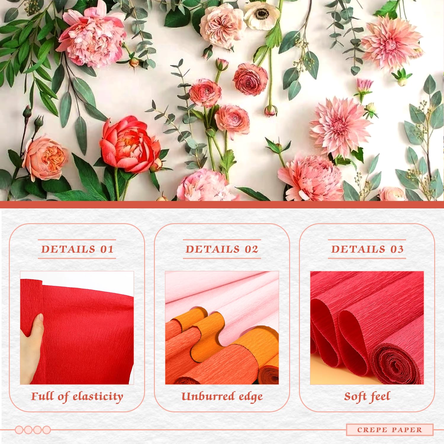 6 Rolls Red Crepe Paper Streamers (10 Inch Wide) - Floral Tape & Stem Wire Included - DIY Flower Making Kit for Weddings, Parties, Festivals & Home Decor Crafts