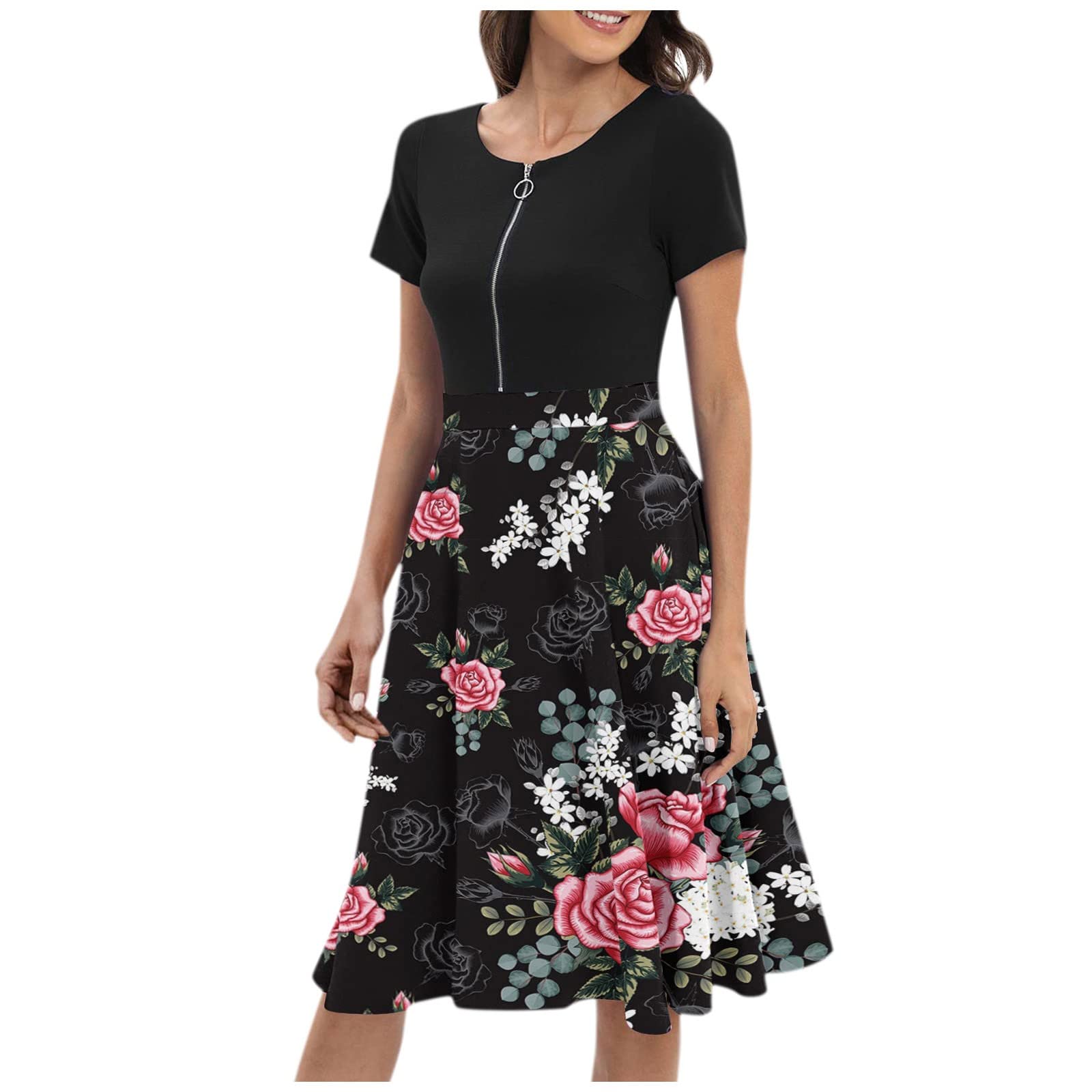 Stylish Women's Midi Summer Dresses - Crewneck Short Sleeve Zipper Swing Party Dress | Elegant & Classy for Beach, Wedding & Cocktail Events