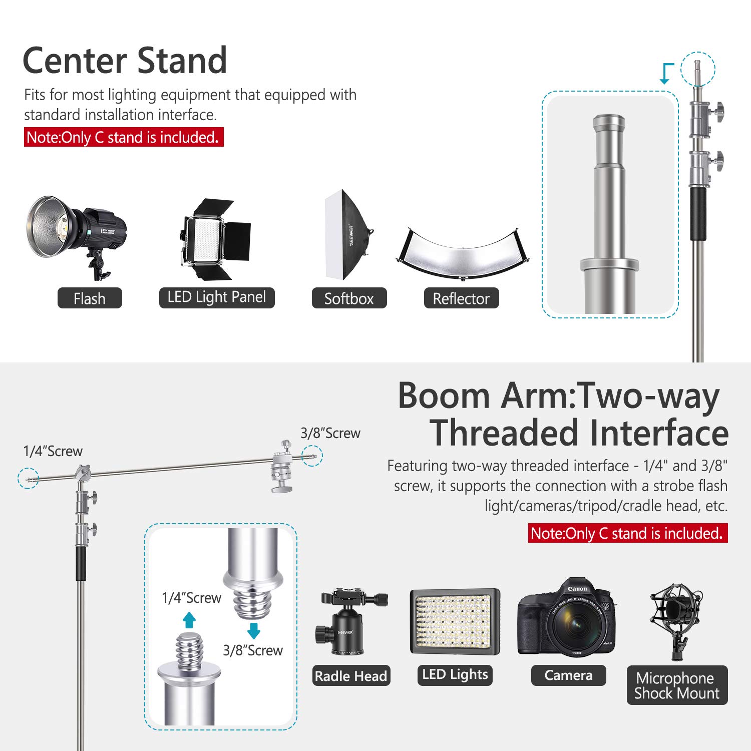Neewer 10ft/3m Adjustable Heavy Duty C-Stand with 4ft/1.2m Boom Arm - Professional Photography Light Stand Kit Includes 2 Grip Heads & Carry Bag for Studio Lighting, Reflectors, Umbrellas, Monolights - Perfect for Portrait, Product, and Video Shooting