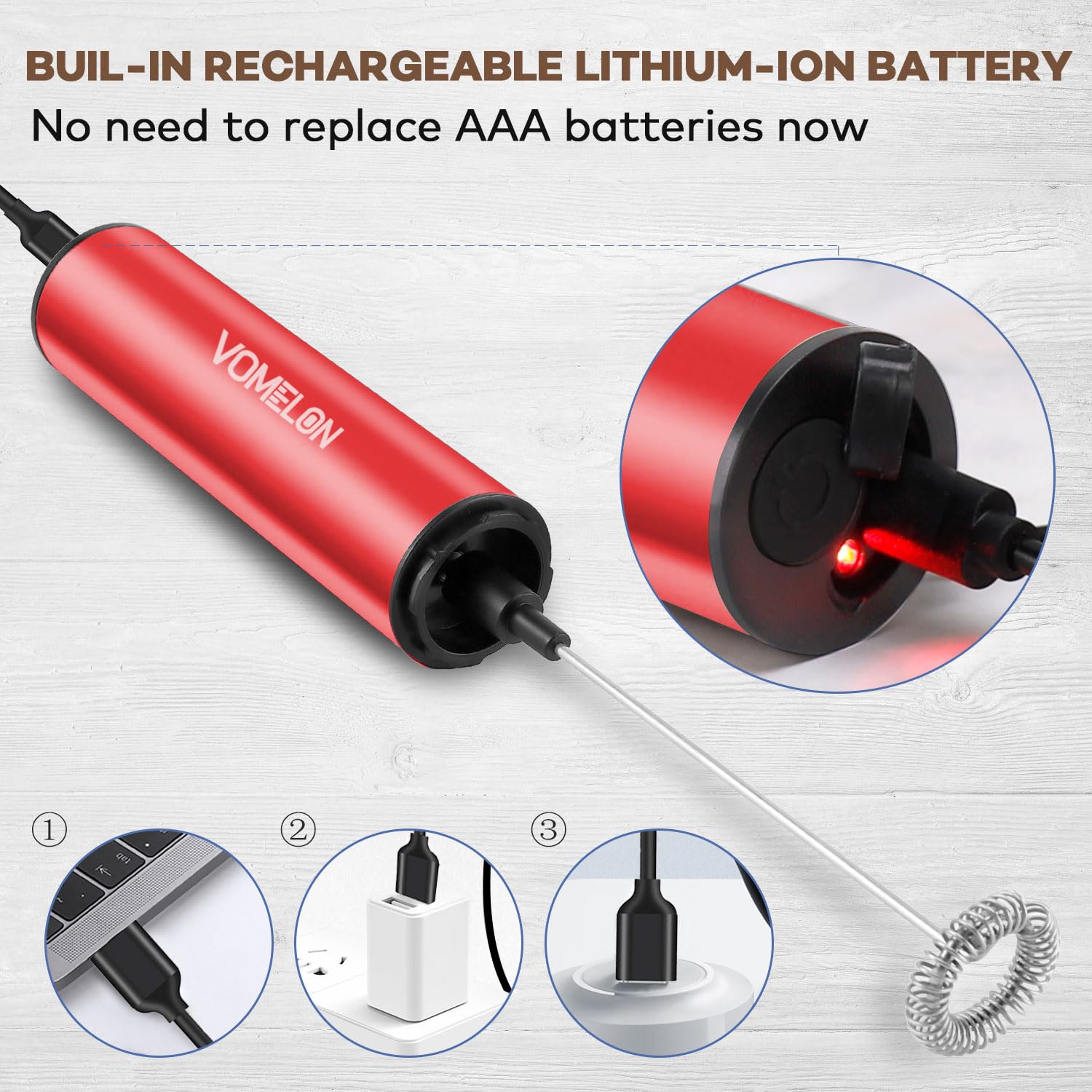 Rechargeable Milk Frother for Coffee, Latte & Cappuccino - Portable Battery Operated Drink Mixer with 2 Stainless Steel Whisk Heads - Perfect for Keto Coffee, Hot Chocolate & Foamy Drinks at Home or Office (Ruby Red)