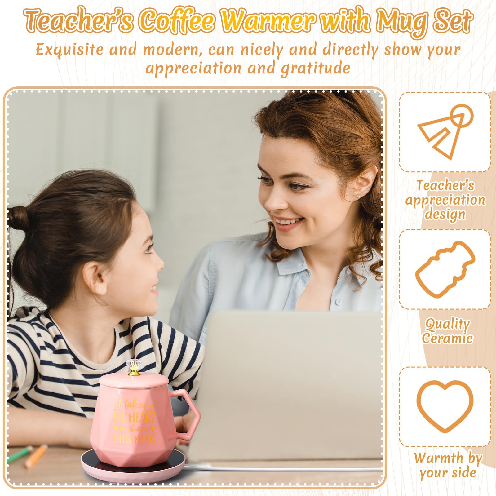 Electric Coffee Mug Warmer Set - 13.5 oz Teacher Appreciation Gift with 'It Takes a Big Heart to Shape Little Minds' Quote - Perfect for Teacher's Day, Women Educators & Teacher Week - Ideal for Classroom, Office or Home Use to Keep Drinks Warm