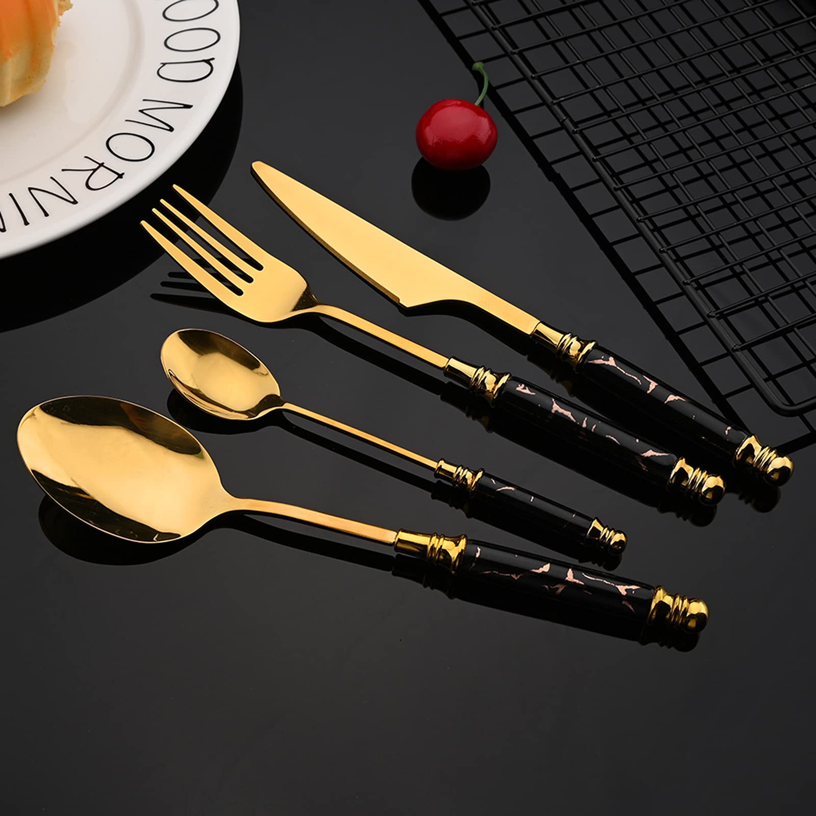 Premium 24-Piece Stainless Steel Flatware Set with Marble Texture & Mirror Polish - Elegant Cutlery Set for Kitchen, Dining, and Gifts (Black) | Perfect for Home Entertaining, Weddings, and Dinner Parties