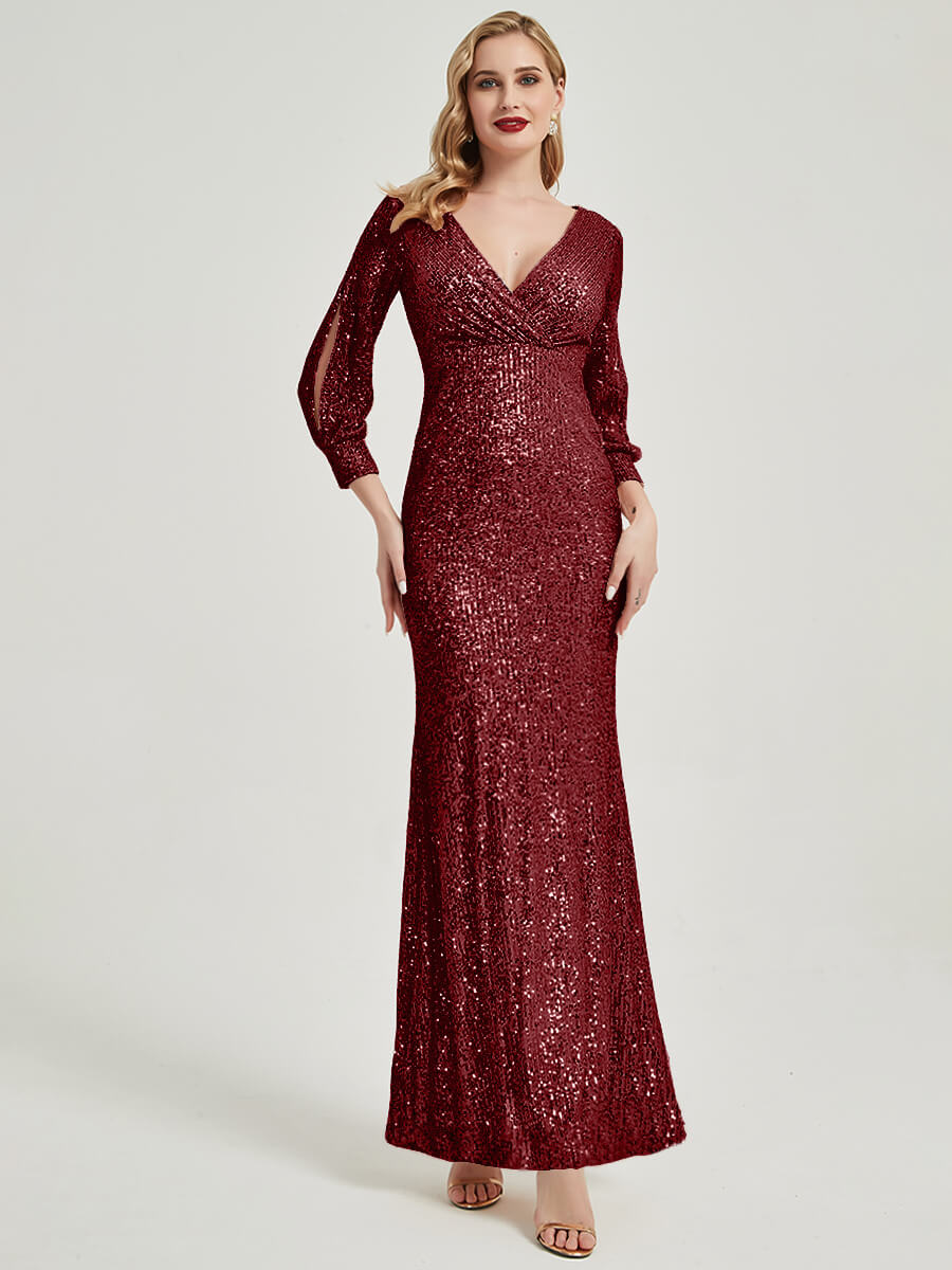 Elegant Burgundy Sequin V-Neck Long Sleeve Mermaid Evening Gown - Perfect for Prom, Wedding Guest & Formal Events
