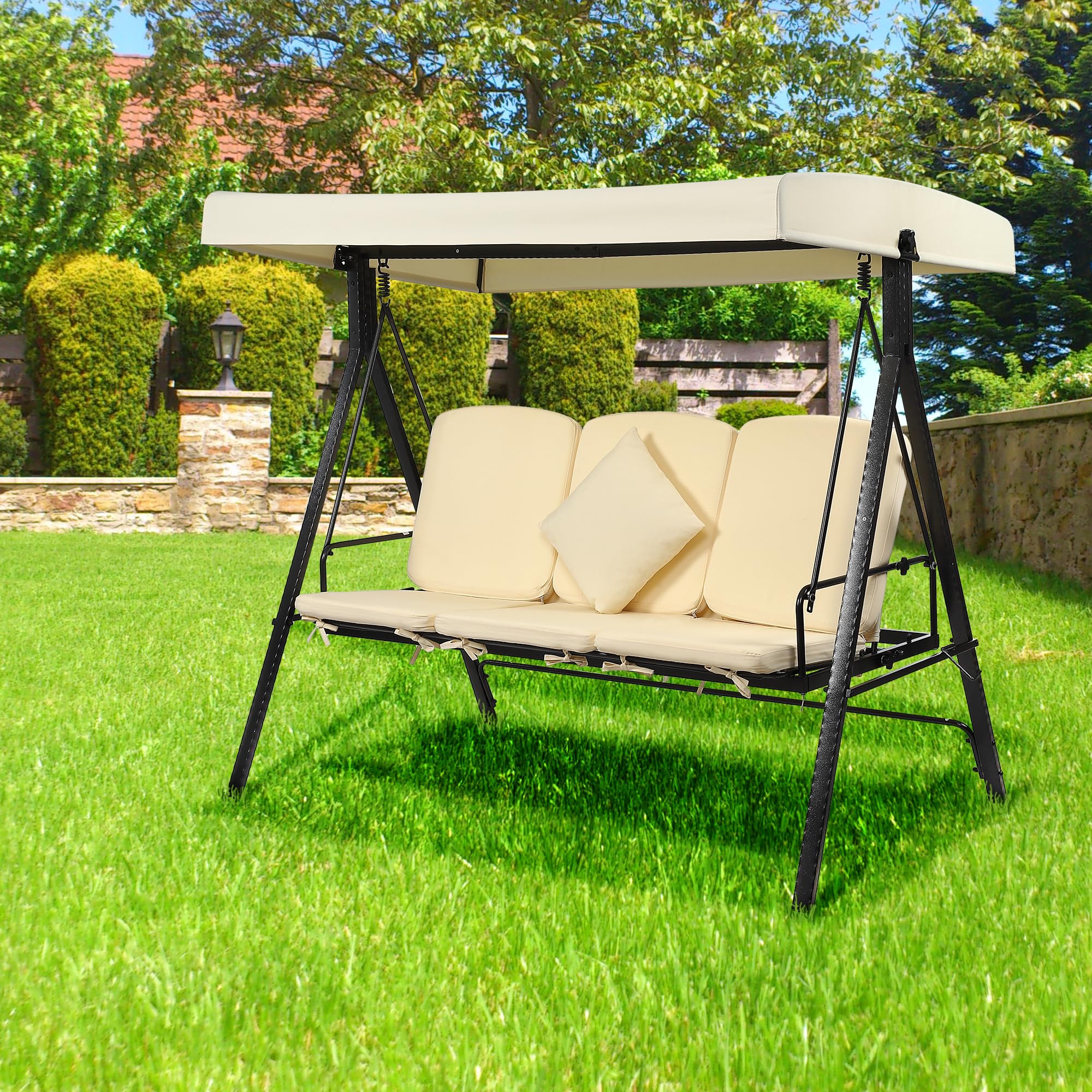 GARVEE 3-Seat Outdoor Patio Swing Chair with Canopy - 2-in-1 Convertible Porch Swing for Backyard, Garden & Patio - Heavy Duty Weather-Resistant Hanging Bench - Perfect for Relaxing, Reading & Outdoor Entertaining