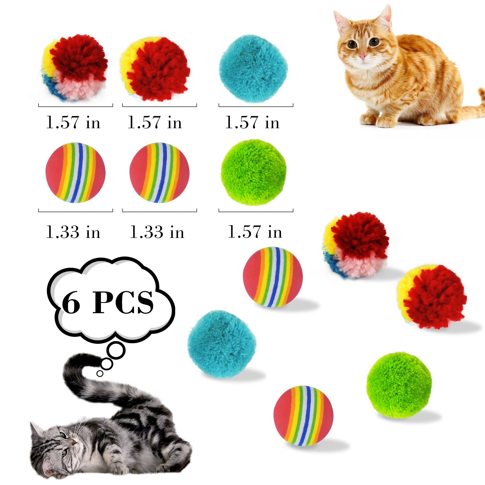 Andiker Cat Balls Toy Set - 6pcs Mini Interactive Cat Toys (2 Colorful EVA Foam Balls, 2 Plush Balls, 2 Yard Balls) - Lightweight Chew & Chase Toys for Indoor Cats to Stay Active - Perfect for Playtime, Exercise and Mental Stimulation